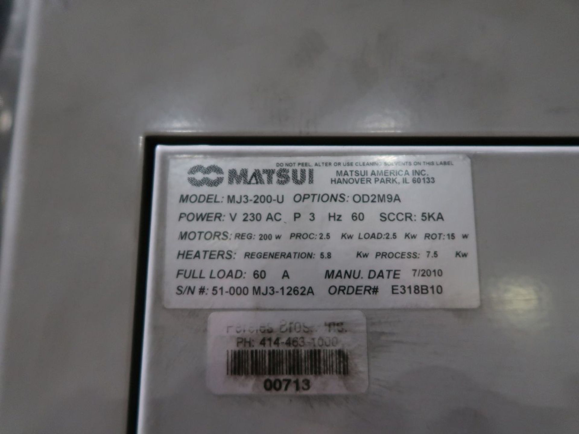 MATSUI MODEL MJ3-200-U DRYER W/ HOPPER; S/N 51-000MJ3-1262A (NEW 2010) - Image 3 of 3
