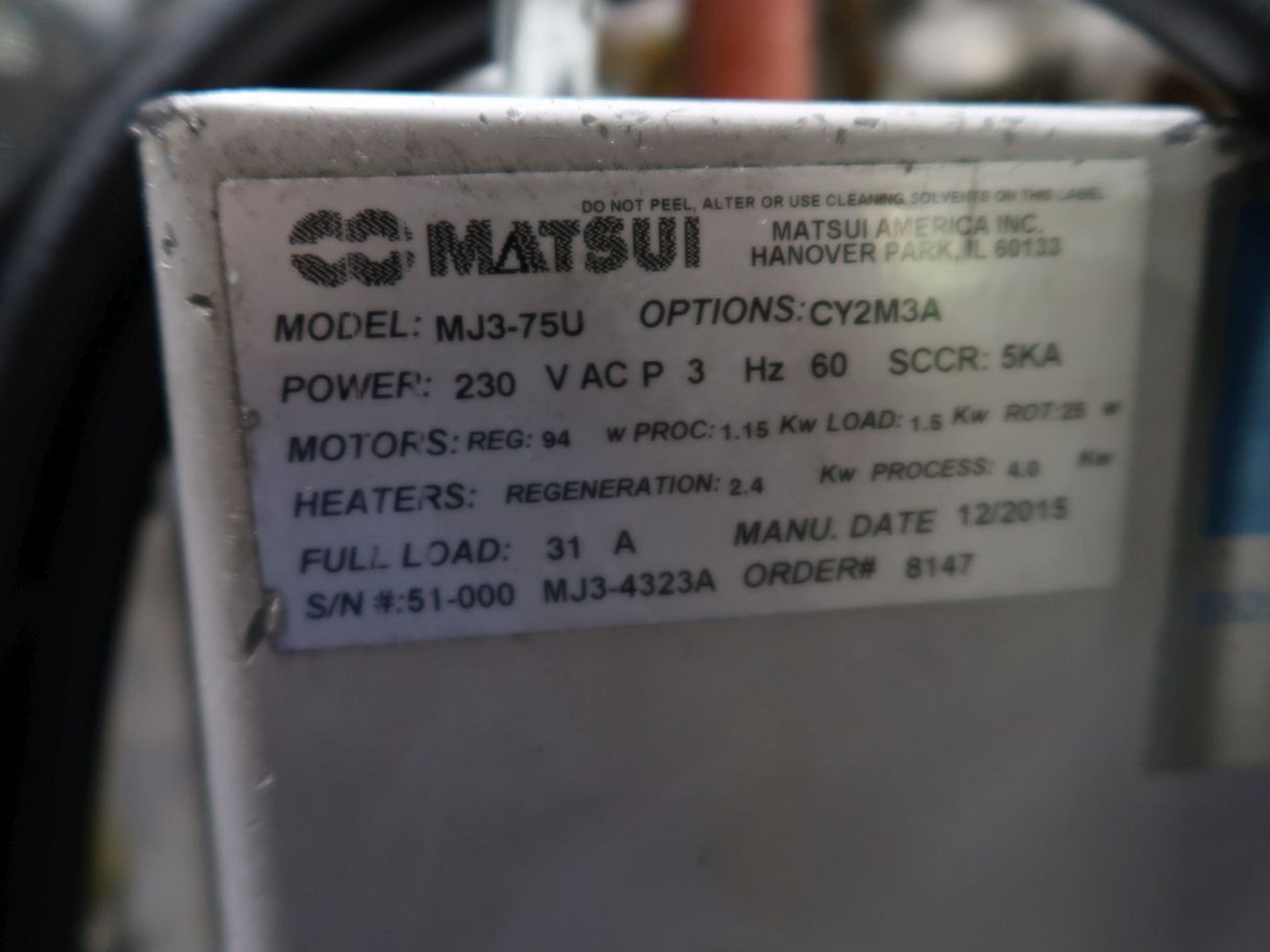 MATSUI MODEL MJ3-75U DRYER W/ HOPPER; S/N 51-000MJ3-4323A (NEW 2015) - Image 3 of 3