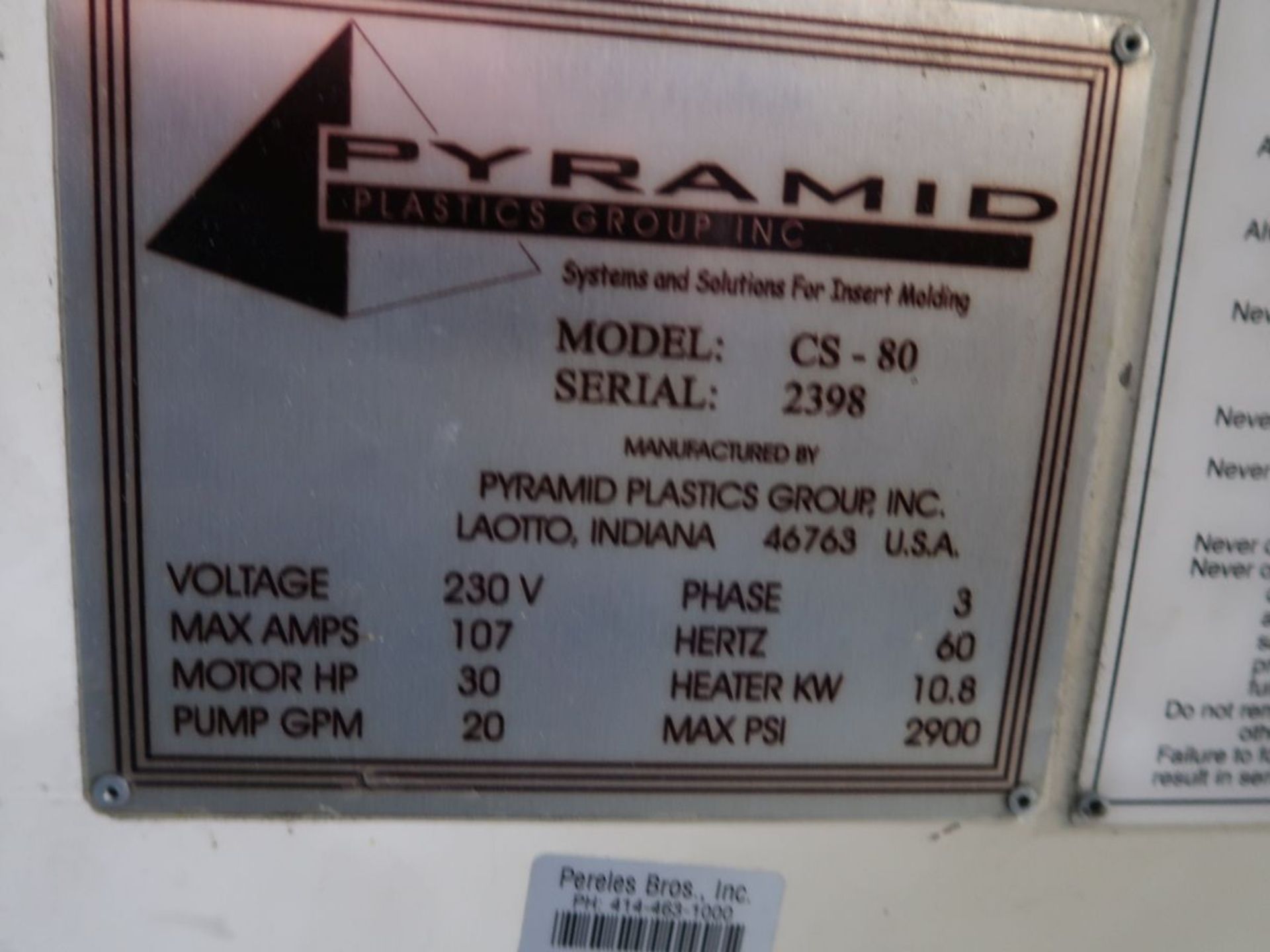 80-TON X 6-OZ. PYRAMID MODEL CS-80 SHUTTLE TABLE VERTICAL PLASTIC INJECTION MOLDING MACHINE (2003) - Image 11 of 11