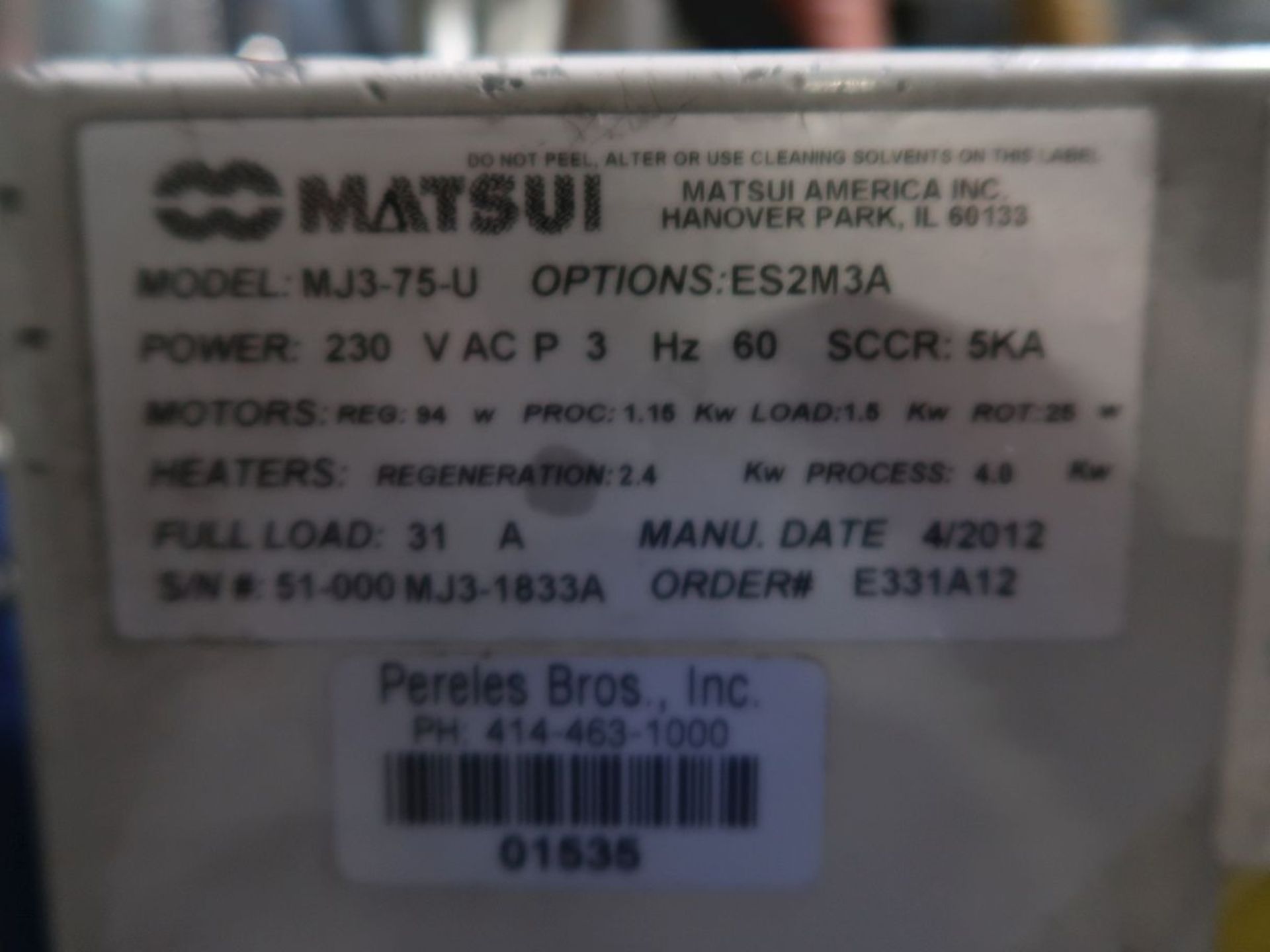 MATSUI MODEL MJ3-75U DRYER W/ HOPPER; S/N 51-000MJ3-1833A (NEW 2012) - Image 3 of 3