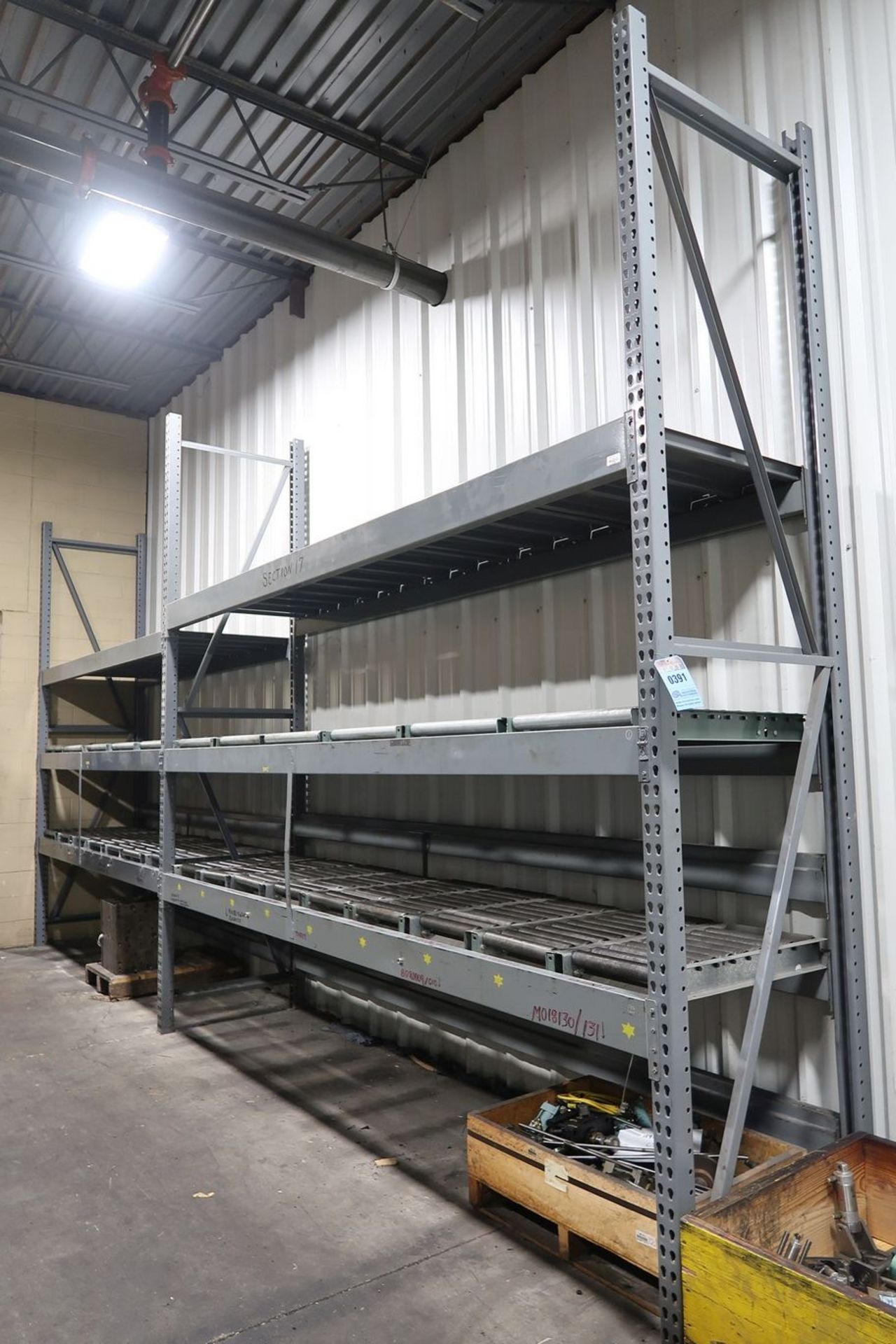 SECTIONS 120" X 36" X 120" ADJUSTABLE BEAM DIE RACK W/ ROLLER CONVEYOR