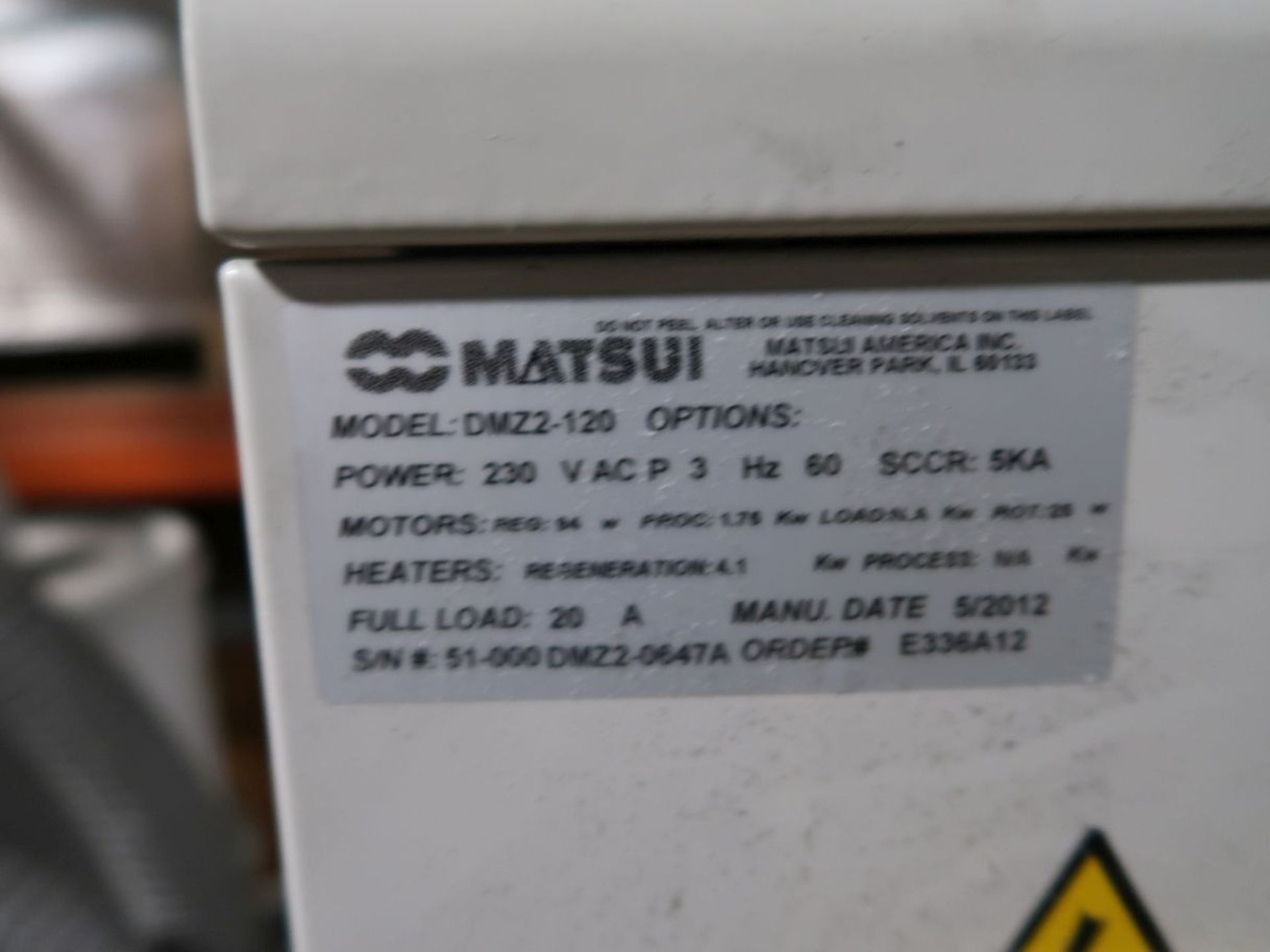 MASUI MODEL DMZ2-120 DRYER W/ DUAL HOPPERS; S/N 51-000DMZ2-0647A, MATSUI MODEL JL4-4VC JET LOADER ( - Image 3 of 8