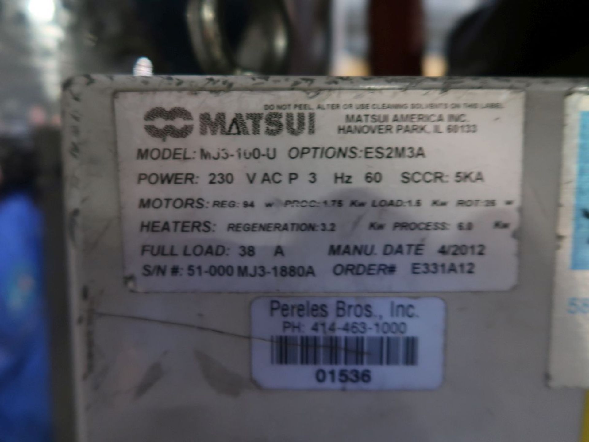 MATSUI MODEL MJ3-100-U DRYER W/ HOPPER; S/N 51-000MJ3-1880A (NEW 2012) - Image 3 of 3