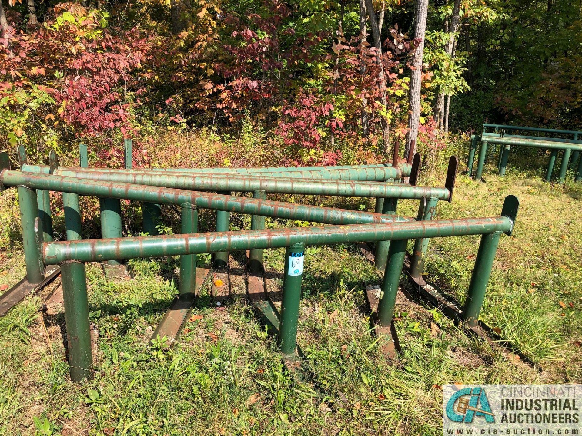 (LOT) ASSORTED SIZE GREEN PIPE RACK; (1) 18' PYRAMID TYPE, (6) 18' SINGLE TREE TYPE, (6) 115" LONG - Image 2 of 3