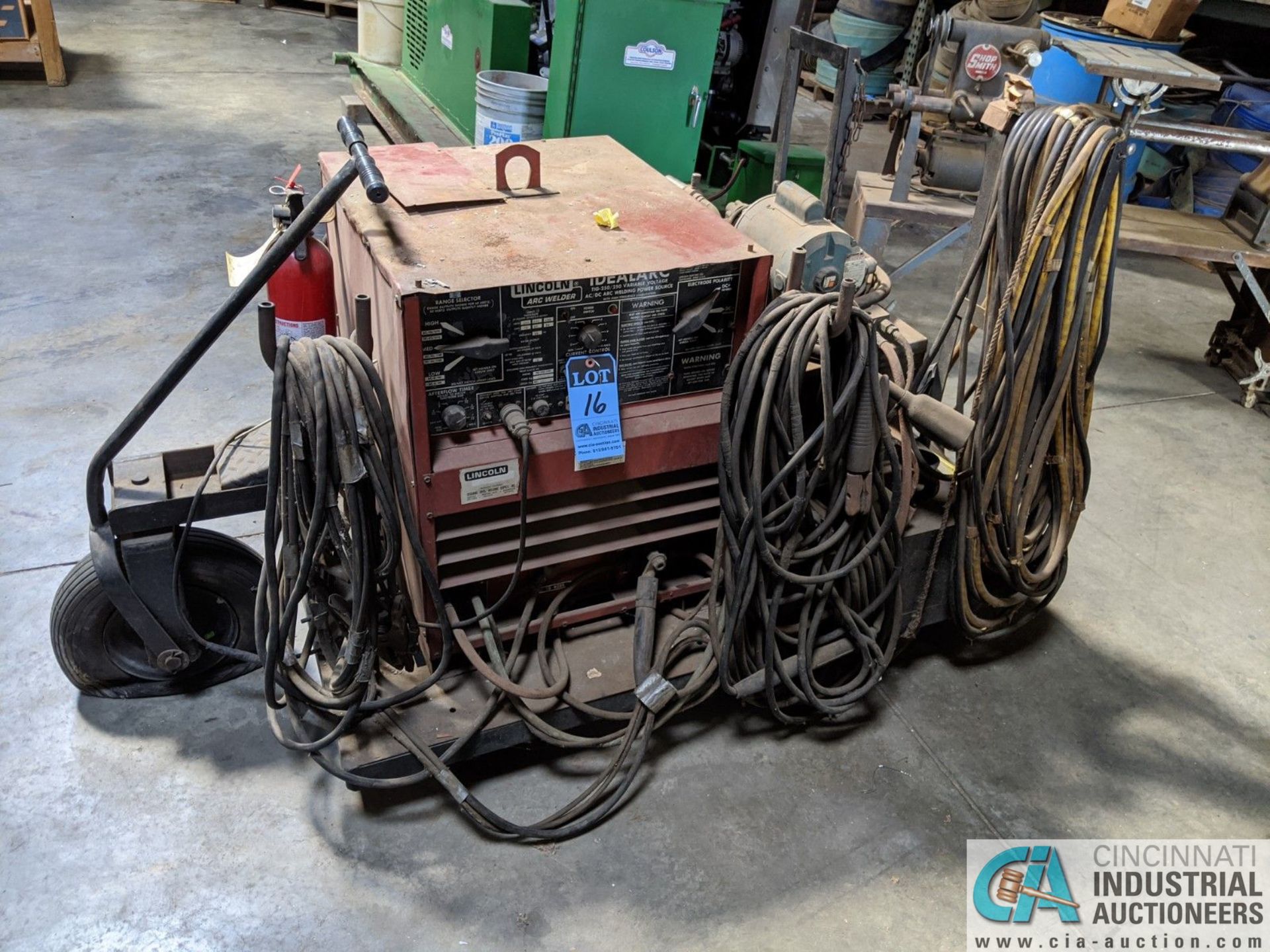 250 AMP LINCOLN MODEL TIG 250/250 WELDER; S/N 533770, MOUNTED ON CART W/ LEADS & AIRCO CHILLER (8635