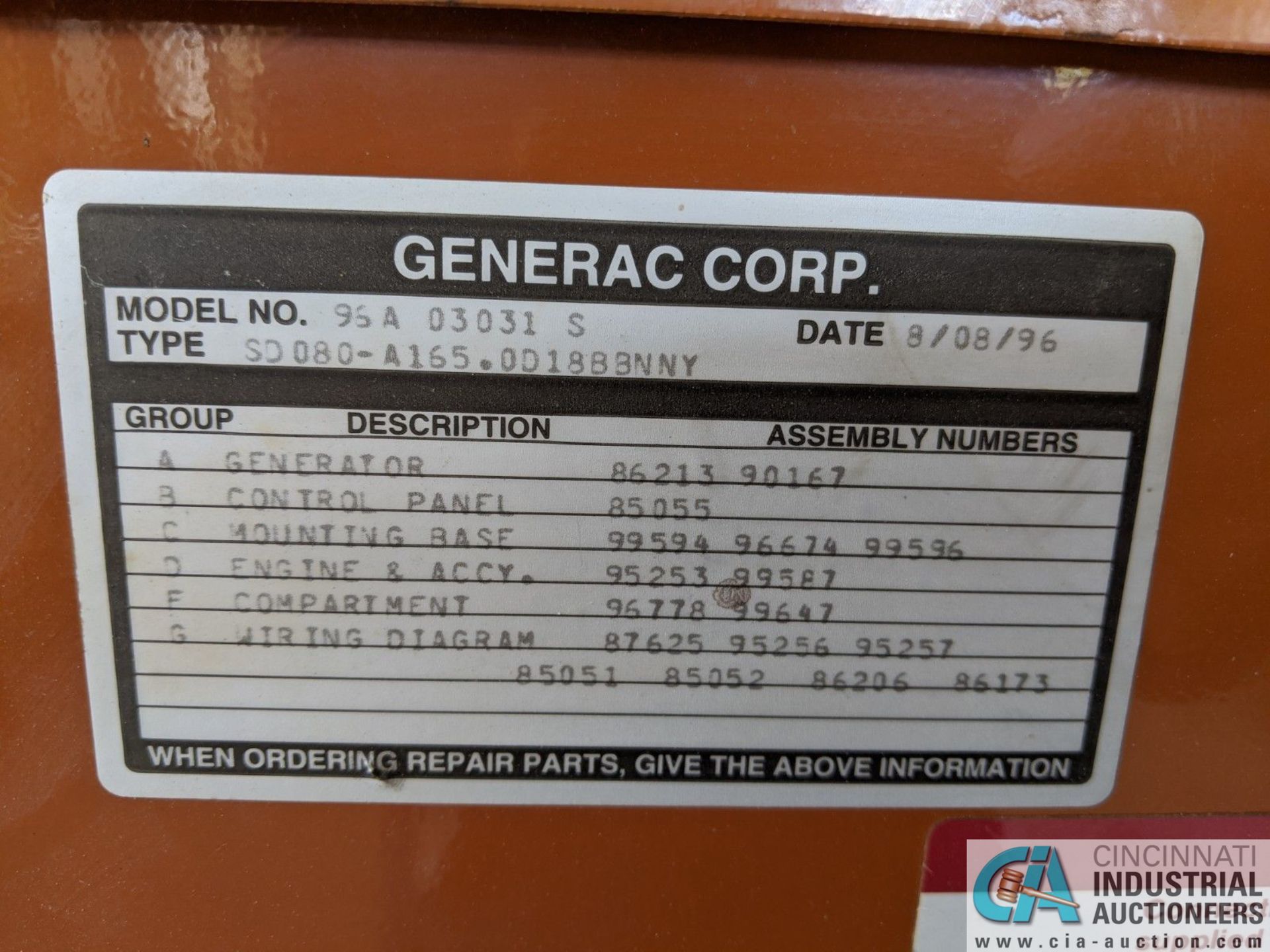 80 KVA GENERAC MODEL 96A03031S GENERATOR SET; S/N 2028583, 120/240 VOLTS, 418 HOURS (220 Blackbrook - Image 6 of 12