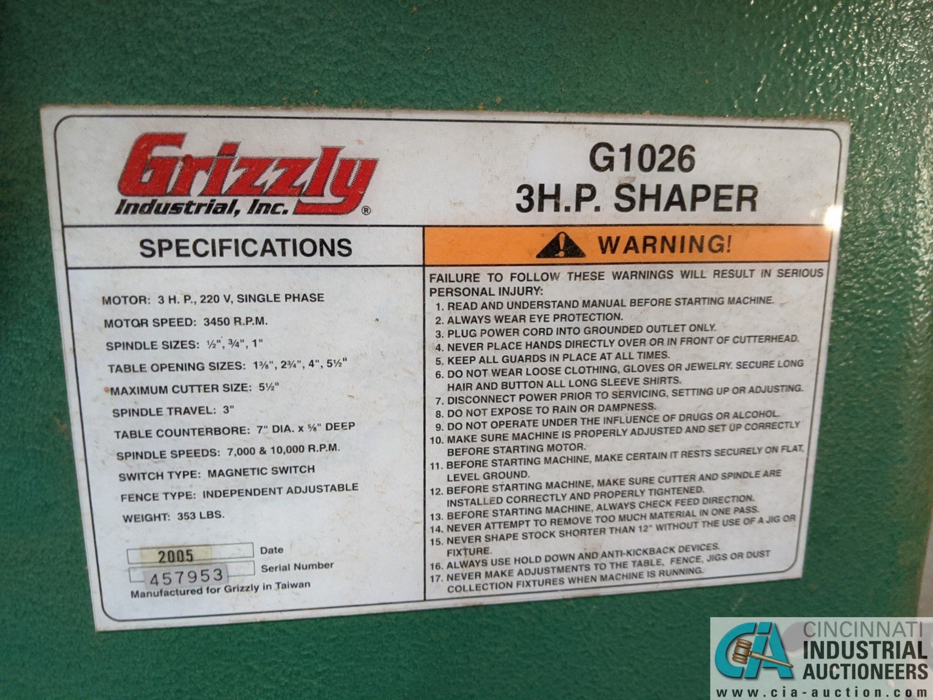 3-HP GRIZZLY MODEL G1026 SHAPER; S/N 457953, 3" SPINDLE TRAVEL (8635 East Ave., Mentor, OH 44060 - - Image 8 of 8