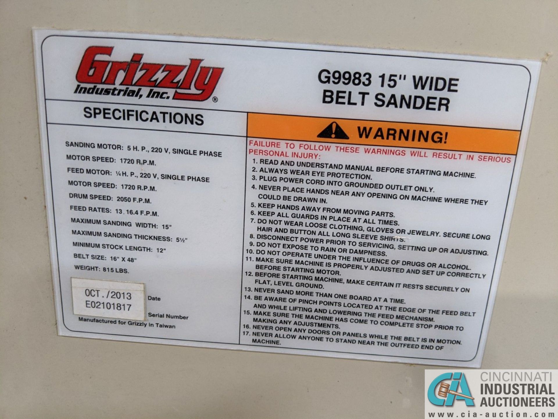 15" GRIZZLY MODEL G9983 BELT SANDER; S/N E02101817, 5-HP, SINGLE PHASE, 13 - 16 FPM (2013) (8635 - Image 6 of 6