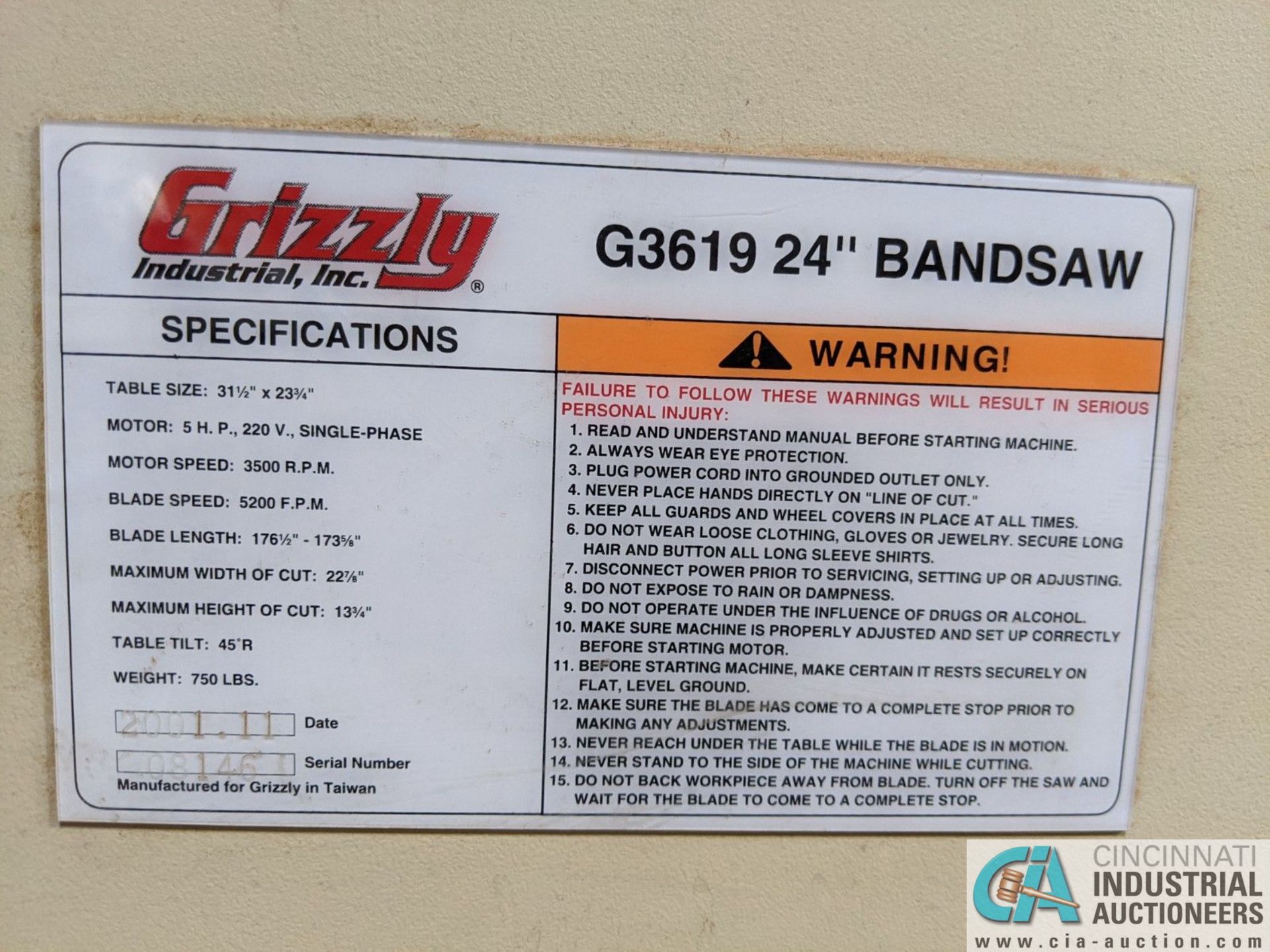 12" GRIZZLY MODEL G3619 VERTICAL BAND SAW; S/N 08146, 3-1/2" X 23-3/4" TABLE, 5-HP, SINGLE PHASE ( - Image 6 of 6