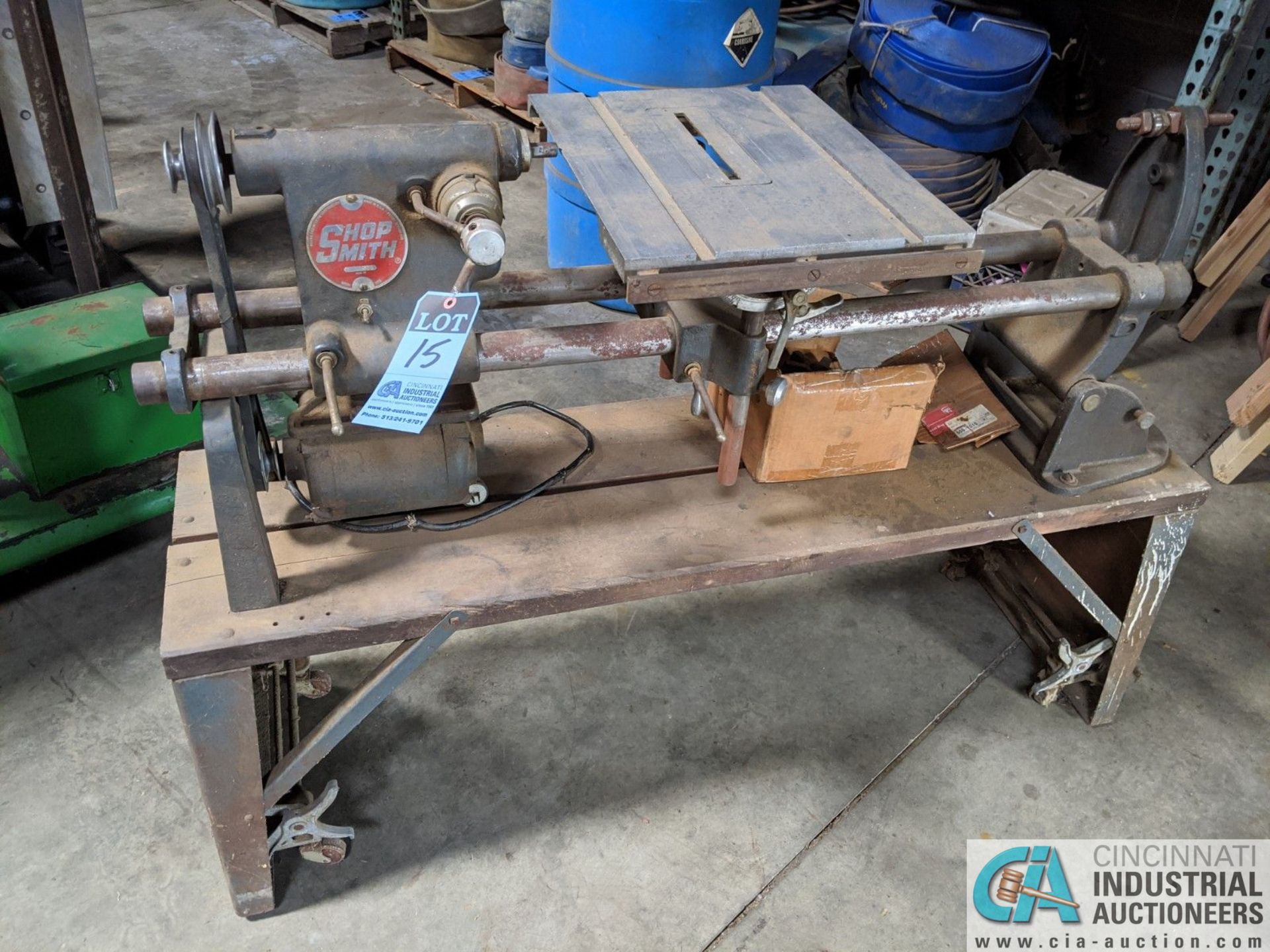 15" SHOP SMITH BELT TYPE WOODWORKING LATHE; S/N E546548, MOUNTED ON PORTABLE BASE (8635 East Ave.,