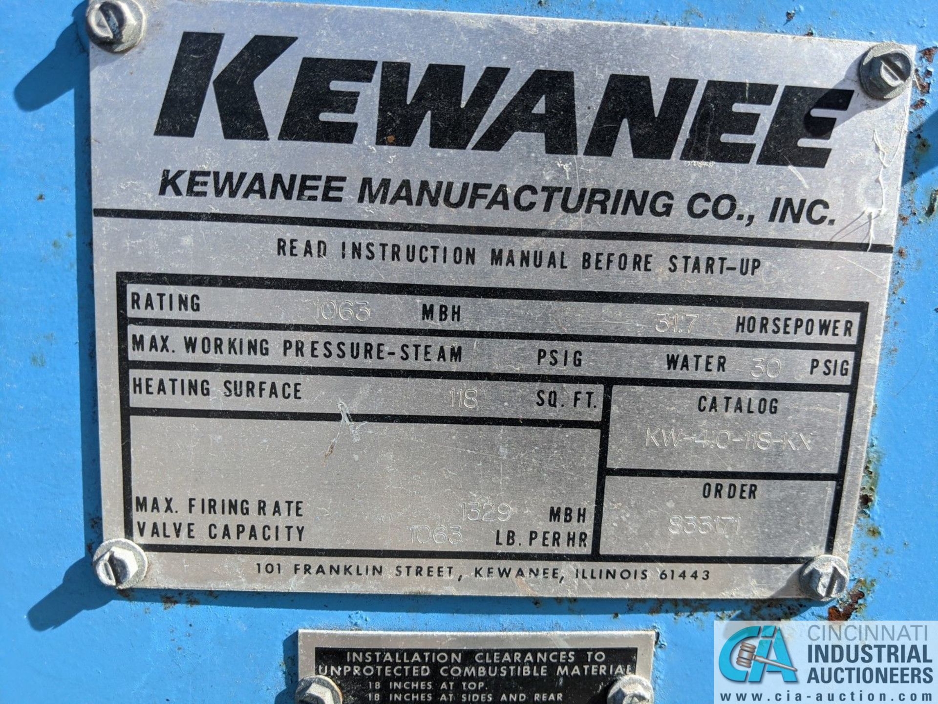 KEWANEE CAT. NO. KW-4.0-118-KX NATURAL GAS BOILER; 1063 MBH, 31.7-HP (220 Blackbrook Rd., - Image 5 of 5