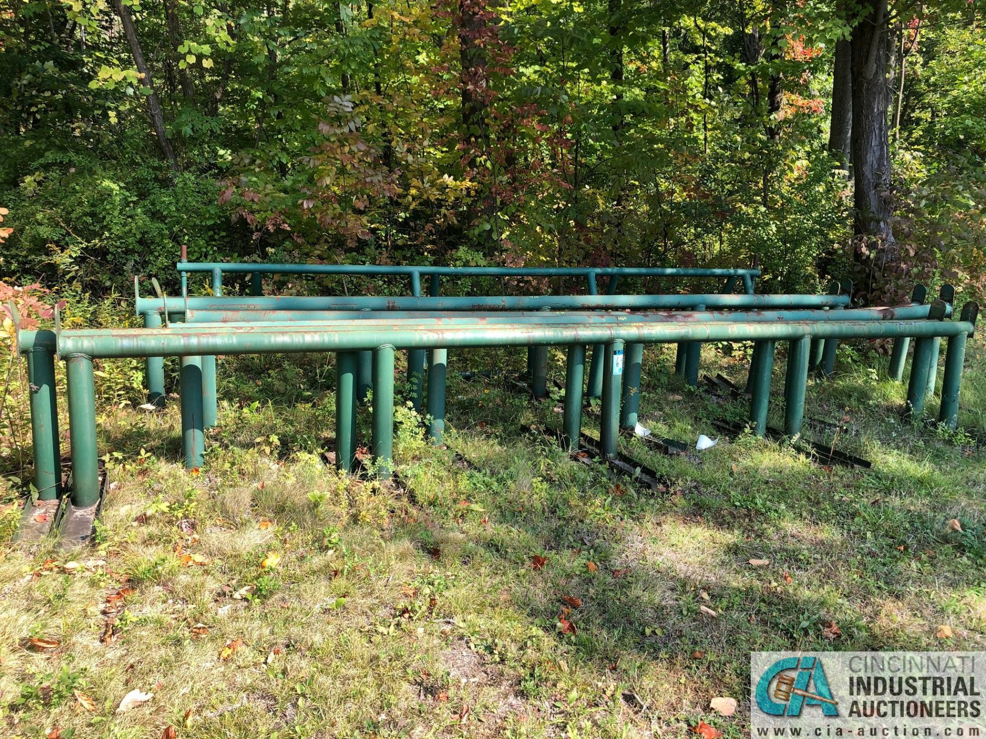 (LOT) ASSORTED SIZE GREEN PIPE RACK; (1) 18' PYRAMID TYPE, (6) 18' SINGLE TREE TYPE, (6) 115" LONG - Image 3 of 3