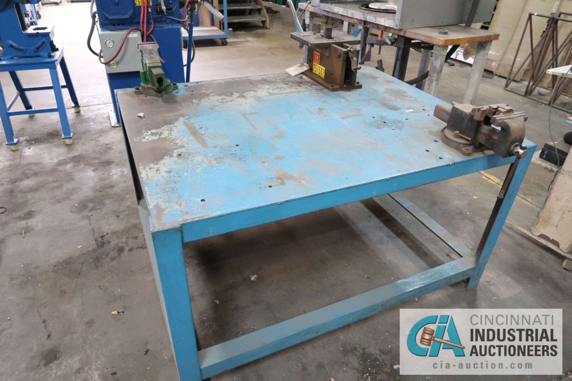 60" X 48" HEAVY DUTY STEEL TABLE WITH 6" AND 4" VISES, AND MANUAL MULTI-PURPOSE BENDER