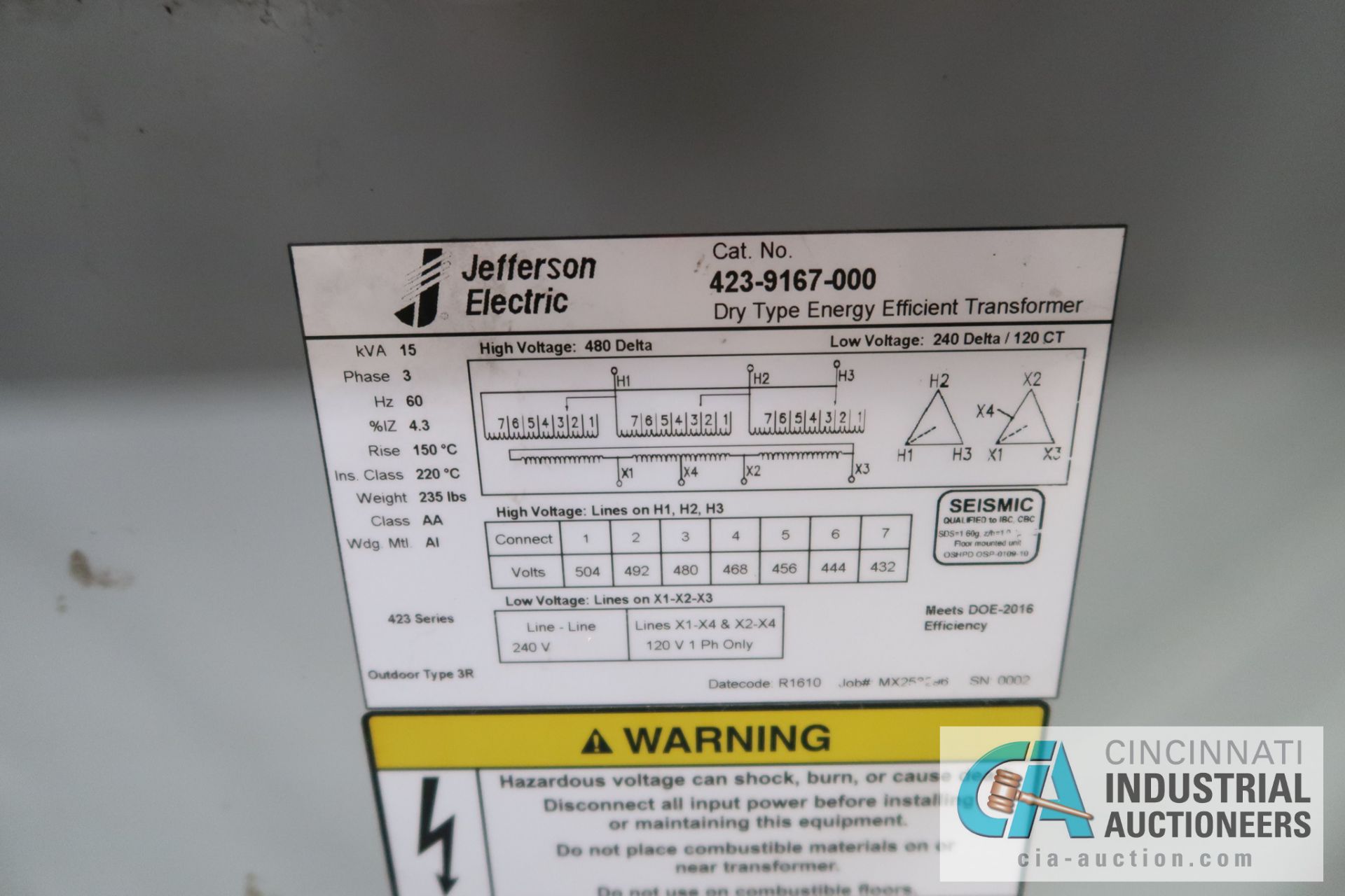 15 KVA JEFFERSON ELECTRIC GENERAL PURPOSE TRANSFORMER AND 30 KVA SLIGHTLY DAMAGED TRANSFORMER - Image 2 of 3