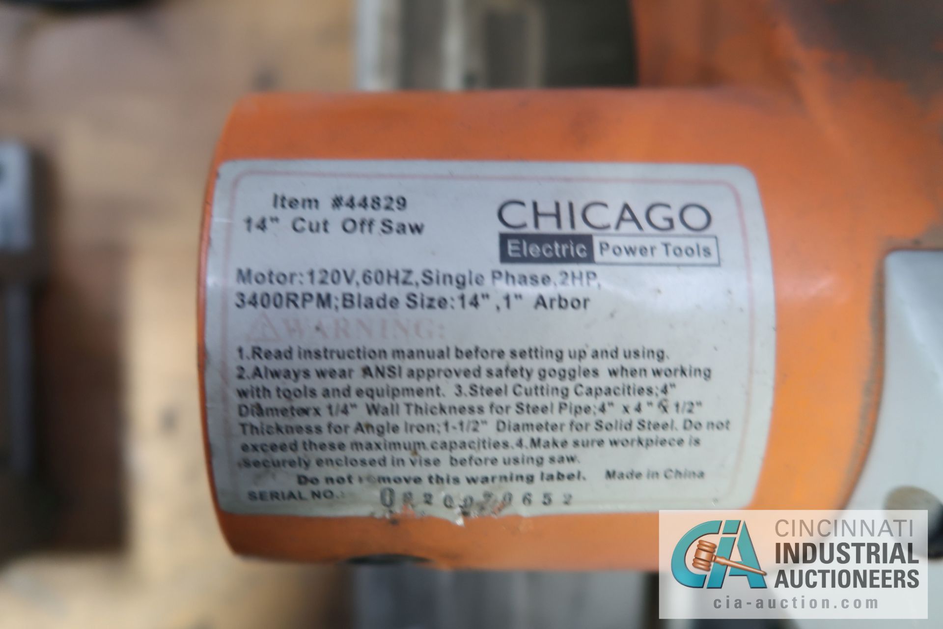 14" CHICAGO ELECTRIC POWER TOOLS MODEL 44829 BENCH ABRASIVE CUT-OFF SAW - Image 3 of 3