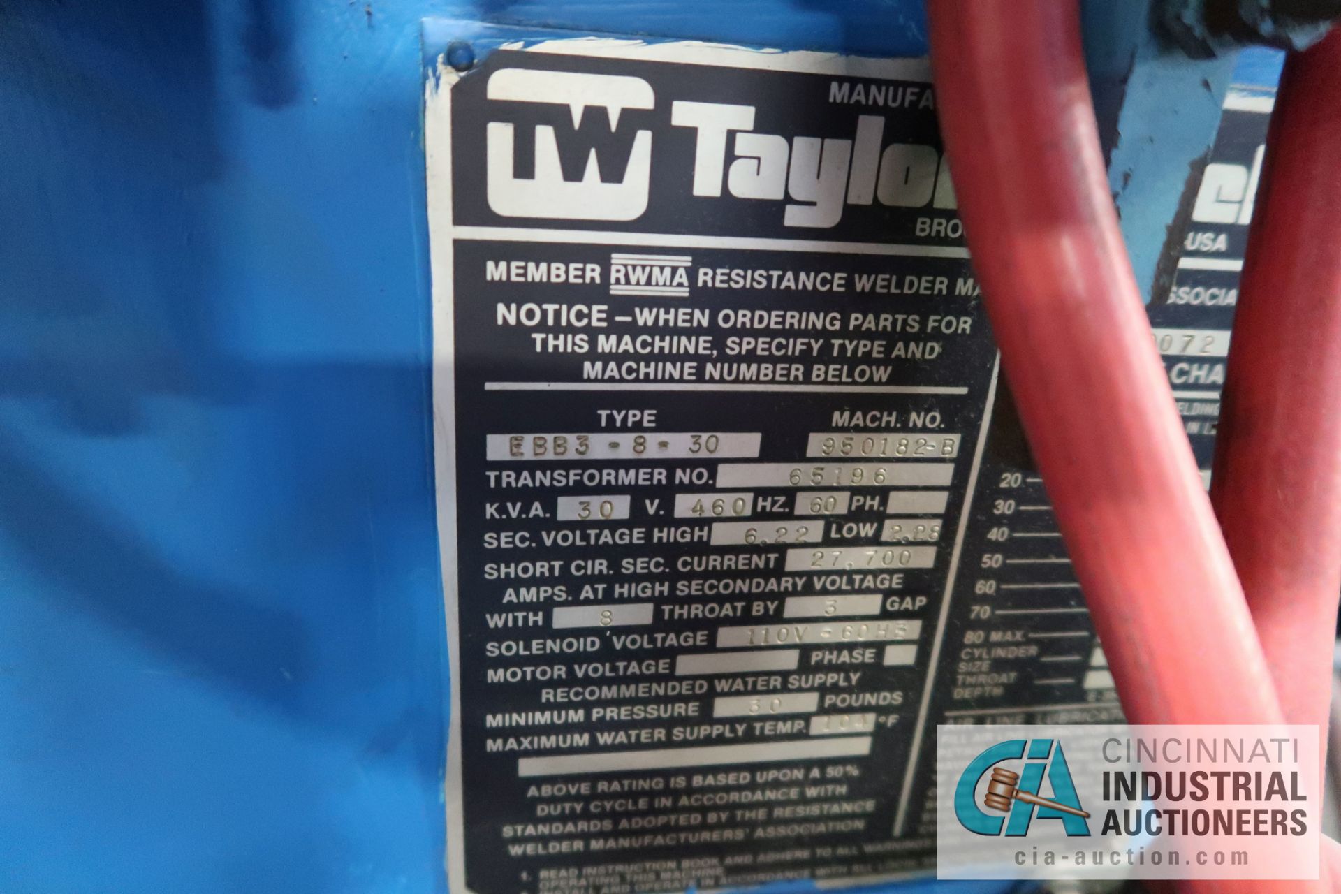 30 KVA TAYLOR-WINFIELD MODEL EBB3-8-30 SPOT WELDER; S/N 950182-B, ENTRON EN1000 CONTROLS **LOADING - Image 3 of 8