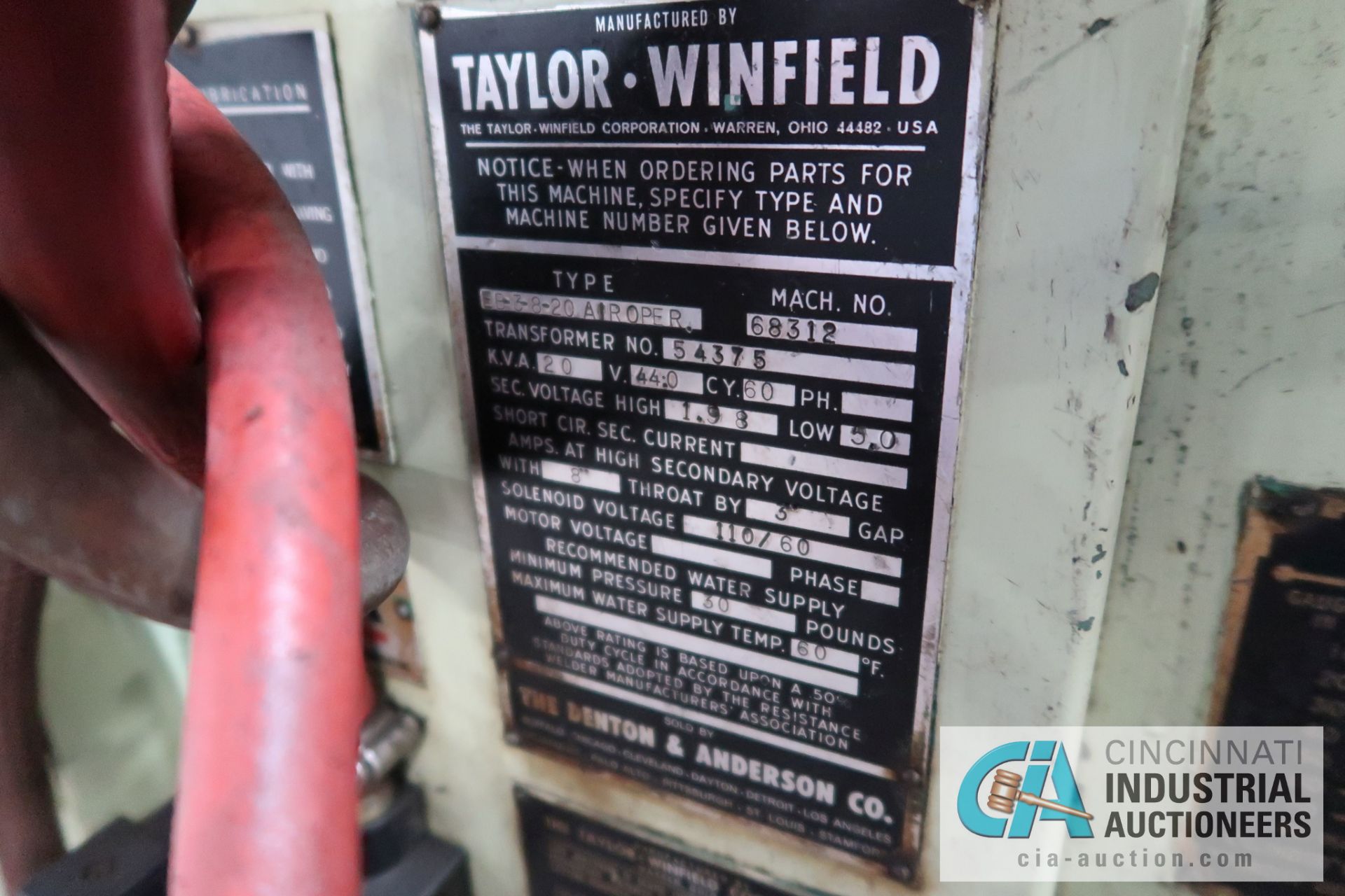 20 KVA TAYLOR-WINFIELD MODEL EB-3-8-20 SPOT WELDER; S/N 68312, TENCITRON MODEL MCS2109 CONTROLS, - Image 3 of 9