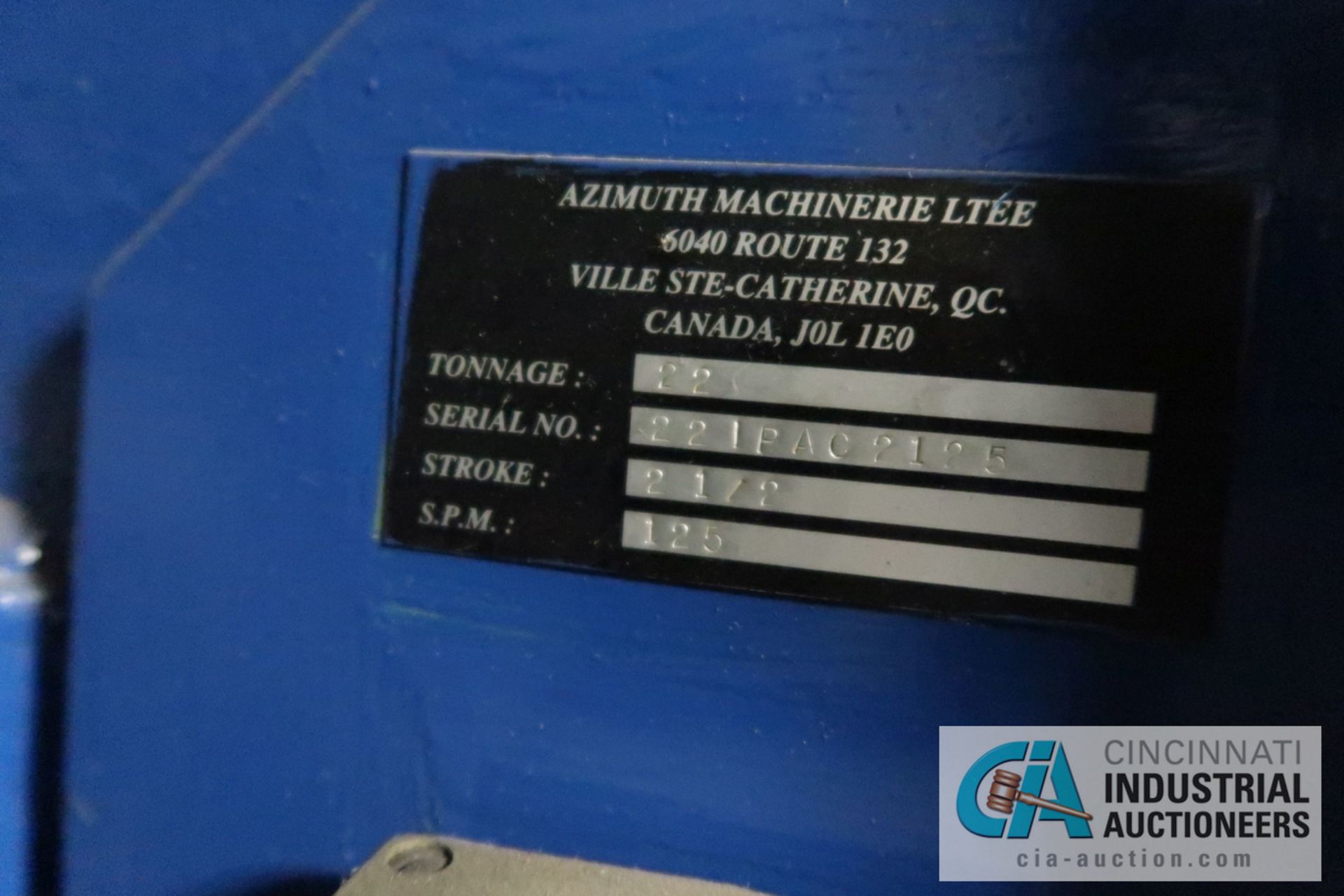 22 TON AZIMUTH OBI PRESS; S/N 221PAC2125, 2-1/2" STROKE, 125 STROKES PER MINUTE, TRAID BRAKE - Image 7 of 9