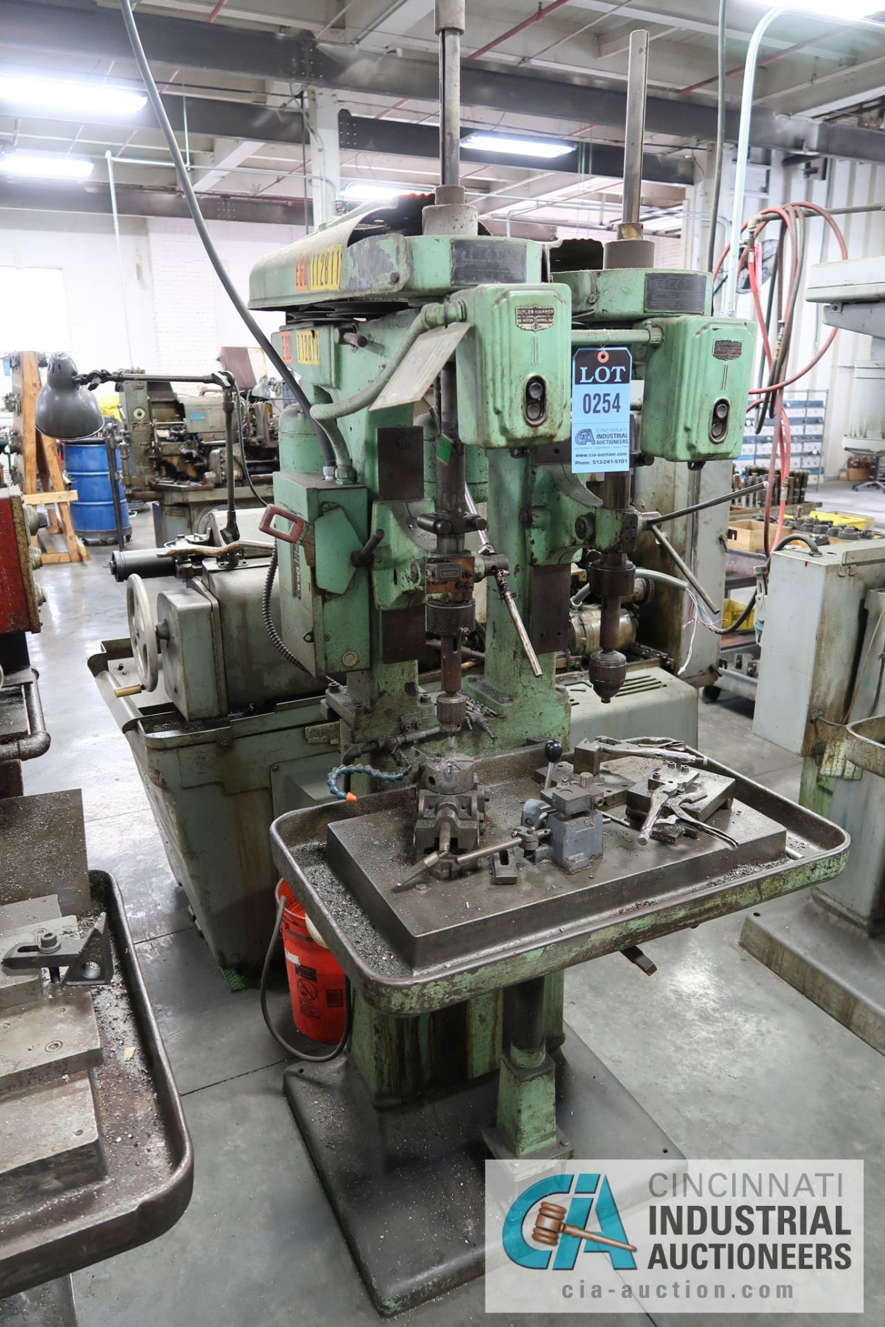 15" ALLEN MODEL KH TWO-SPINDLE FLOOR PRODUCTION DRILL; S/N 18423A184, 14" X 26-1/2" DRILL TABLE **