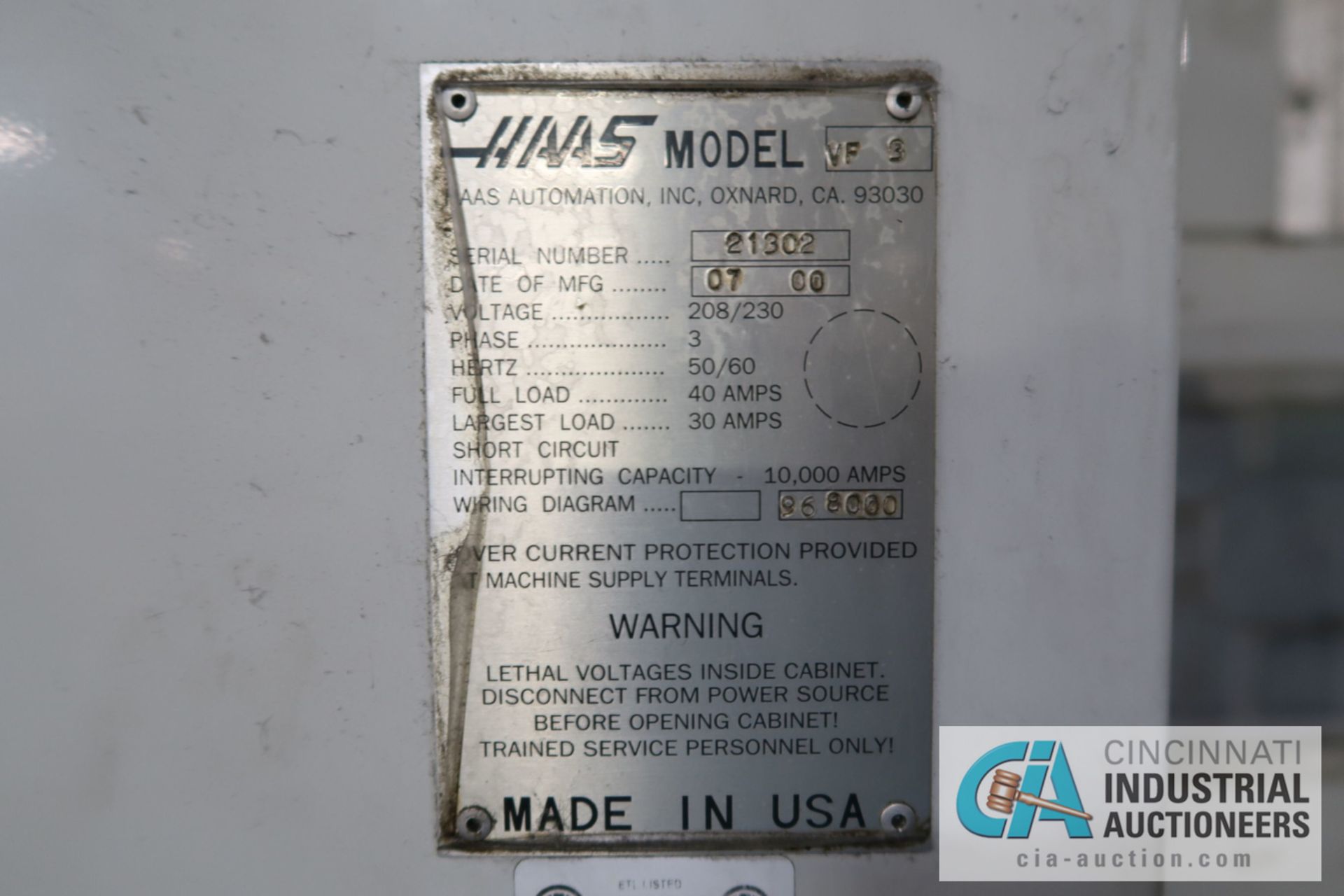 HAAS MODEL VF3 CNC VERTICAL MACHINING CENTER; S/N 21302, 18" X 38" TABLE, 40 TAPER SPINDLE, 24 - Image 4 of 16