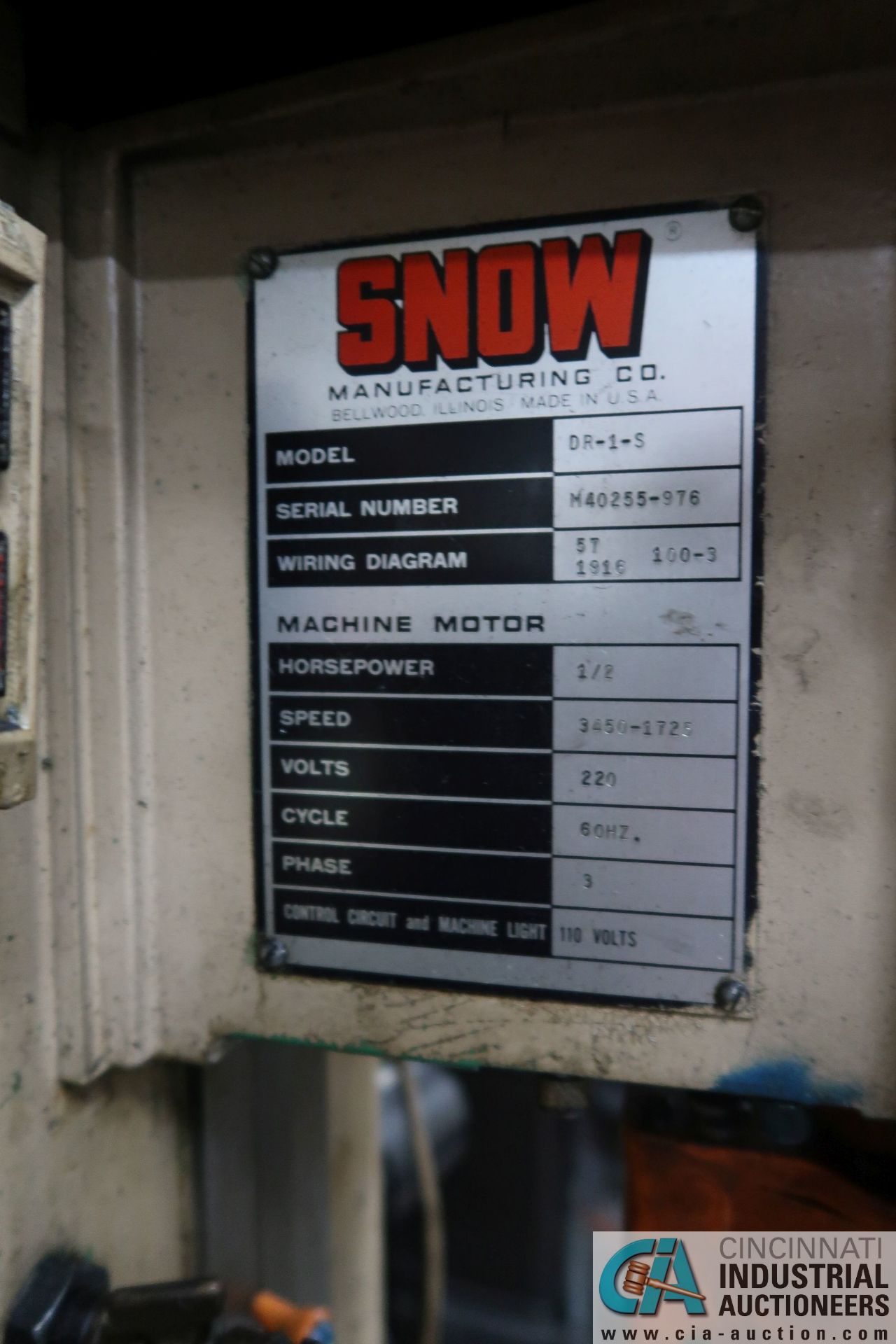 1/2 HP SNOW MODEL DR-1-S 8-SPEED VERTICAL TAPPING MACHINE; S/N M40255-976, 1,725-3,450 RPMS, 10" X - Image 8 of 12