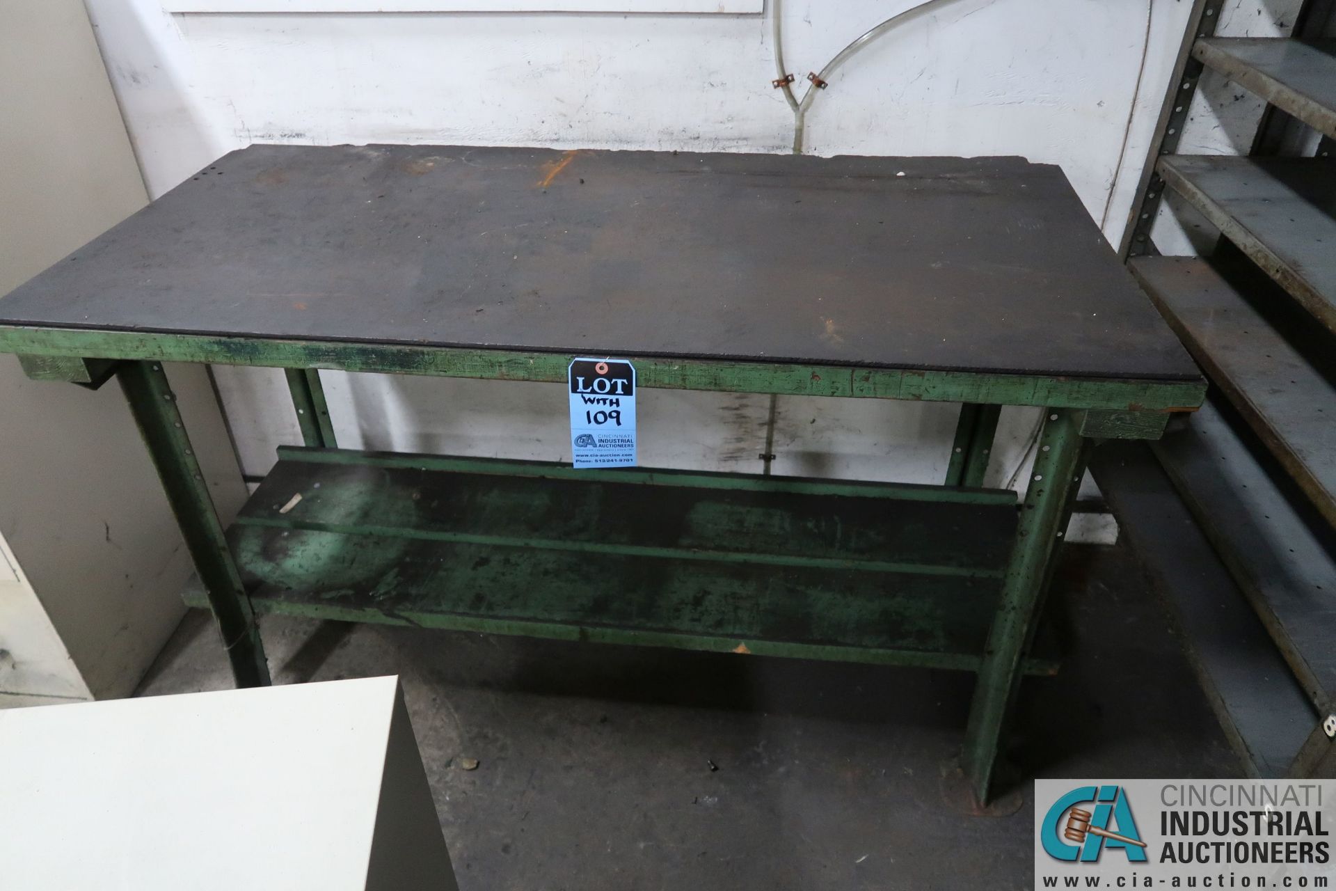 24" X 60" X 34" HIGH HEAVY DUTY WELDED STEEL WORK BENCH WITH 29" X 58" X 36" HIGH STEEL FRAME WOOD - Image 2 of 2