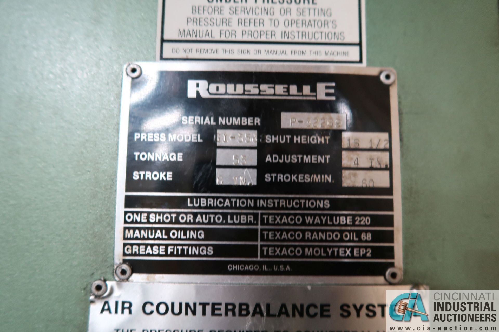 55 TON ROUSSELLE MODEL G1-55 & 8 GAP FRAME PRESS; S/N P32269, 6" STROKE, 19-1/2" SHUT HEIGHT, 4" - Image 5 of 10