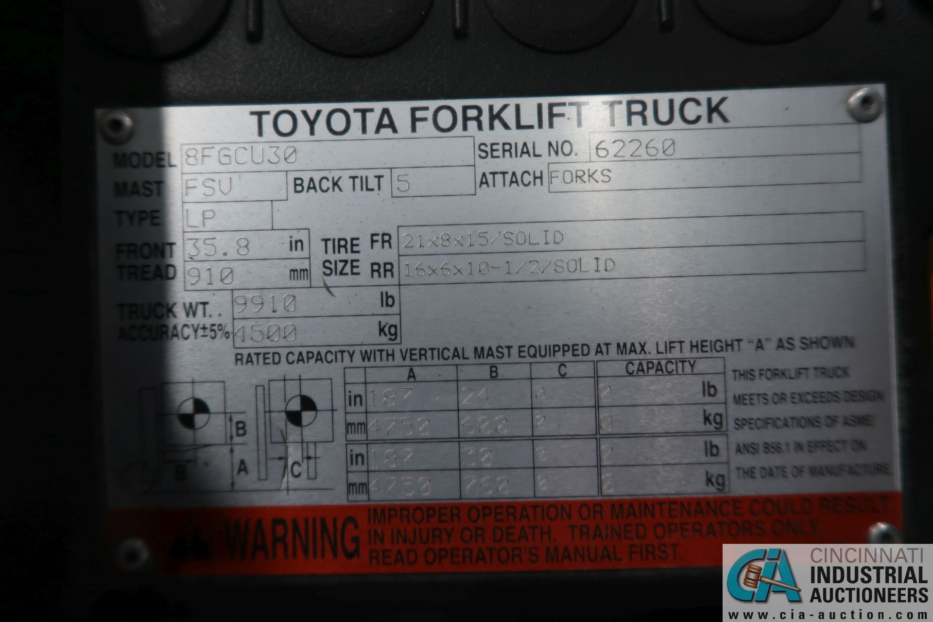 6,000 LB. TOYOTA MODEL 8FGC30 LP GAS CUSHION TIRE LIFT TRUCK; S/N 62260, 3-STAGE MAST, 87" MAST - Image 8 of 8