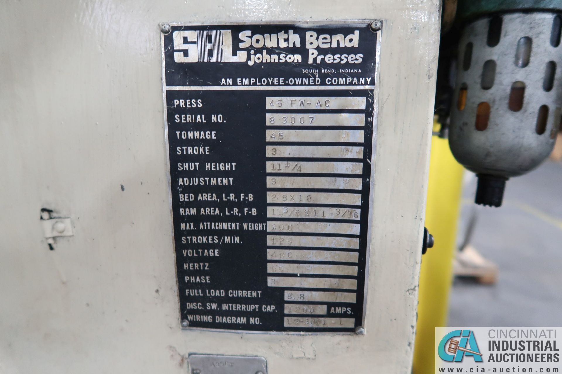 45 TON SOUTH BEND MODEL 45-EW-AC OBI PRESS; S/N 83007, 3" STROKE, 11-1/4" SHUT HEIGHT, 3" - Image 5 of 14