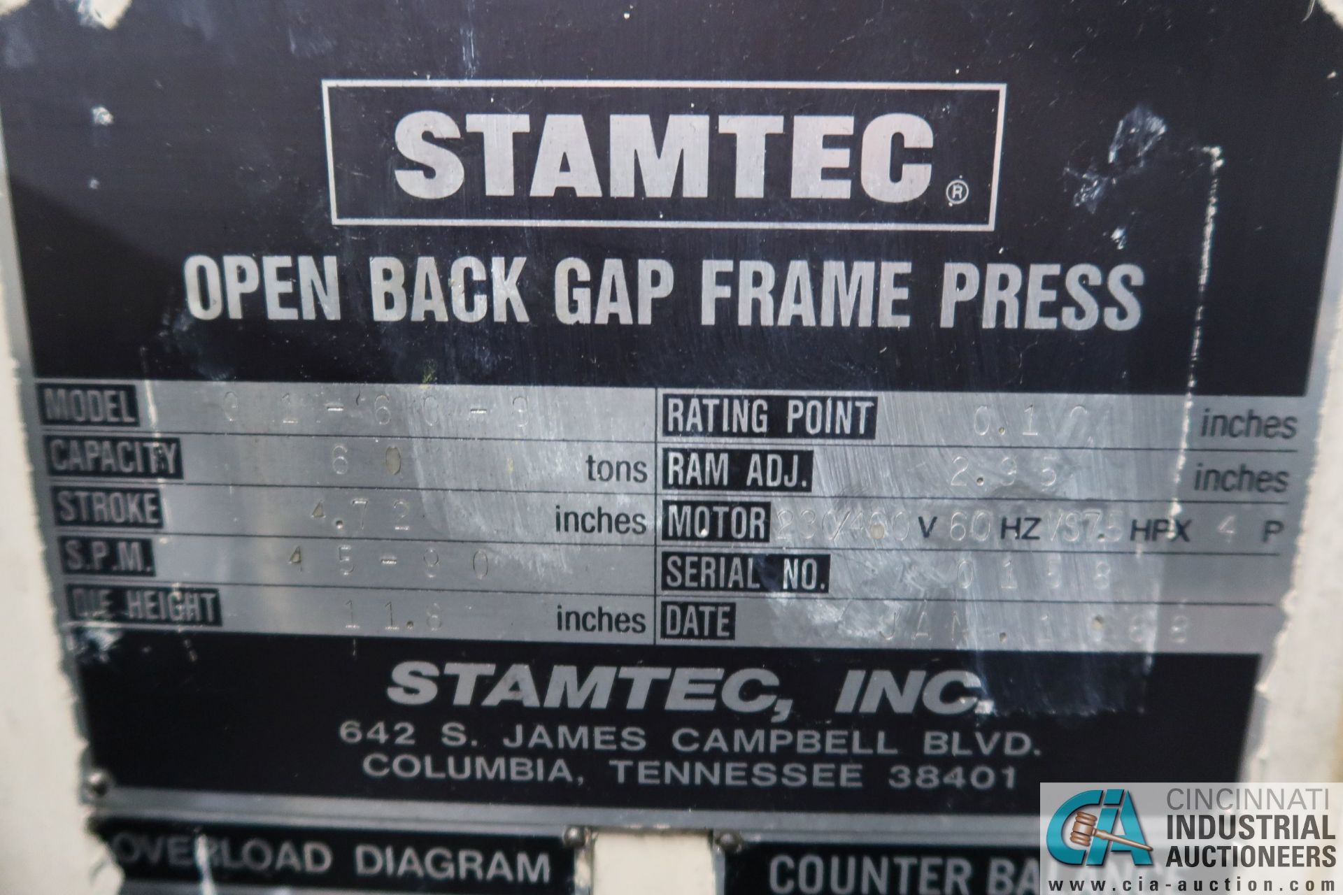 66 TON STAMTEC MODEL G1-60S SINGLE CRANK GAP FRAME PRESS; S/N 0158, 4.72" STROKE, 45-90 STROKES - Image 5 of 18