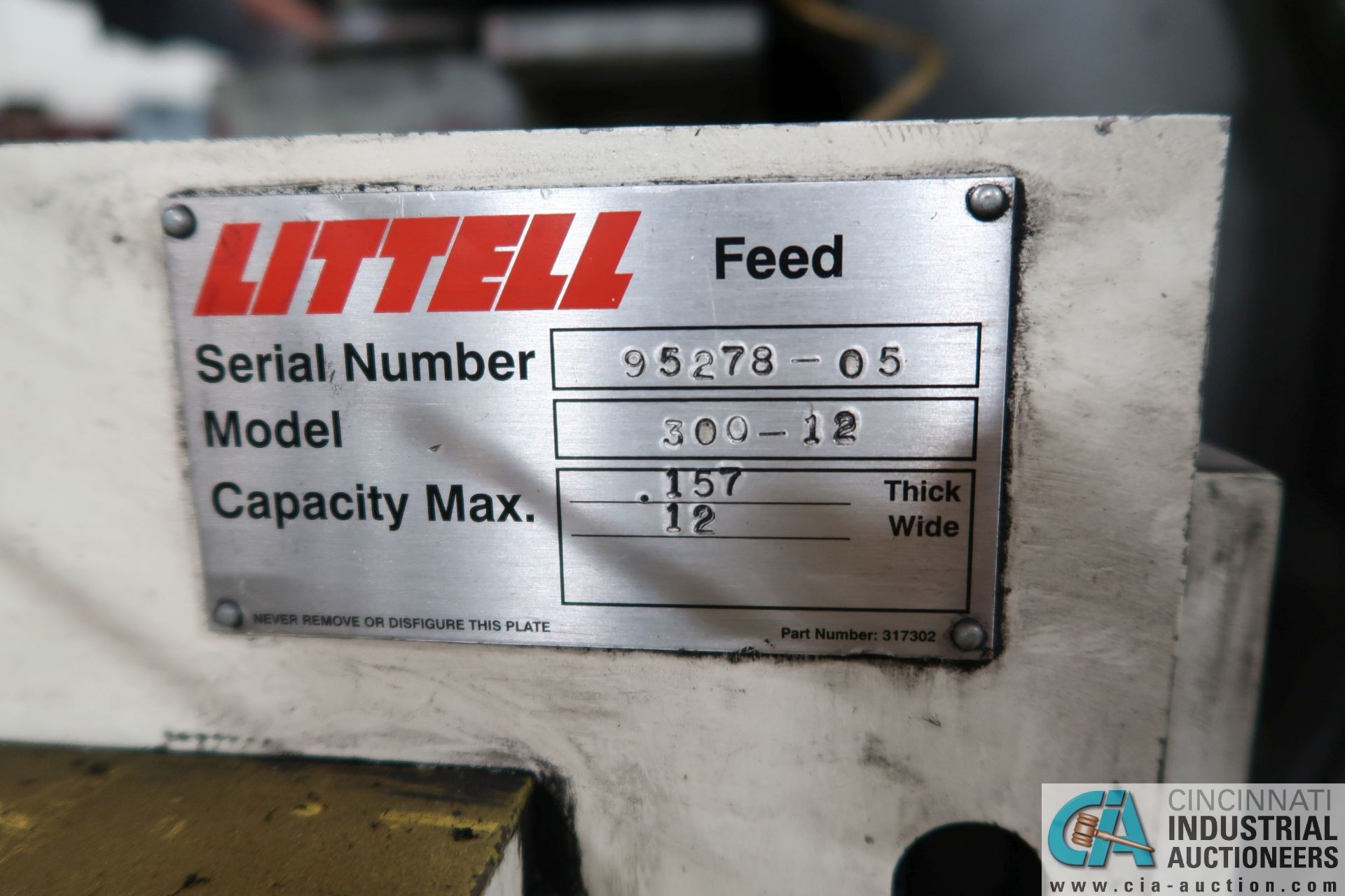 12" LITTELL MODEL 300-12 SERVO FEED; S/N 95278-05, WITH LITTELL CONTROL CABINET, .157 MAX THICKNESS, - Image 5 of 11