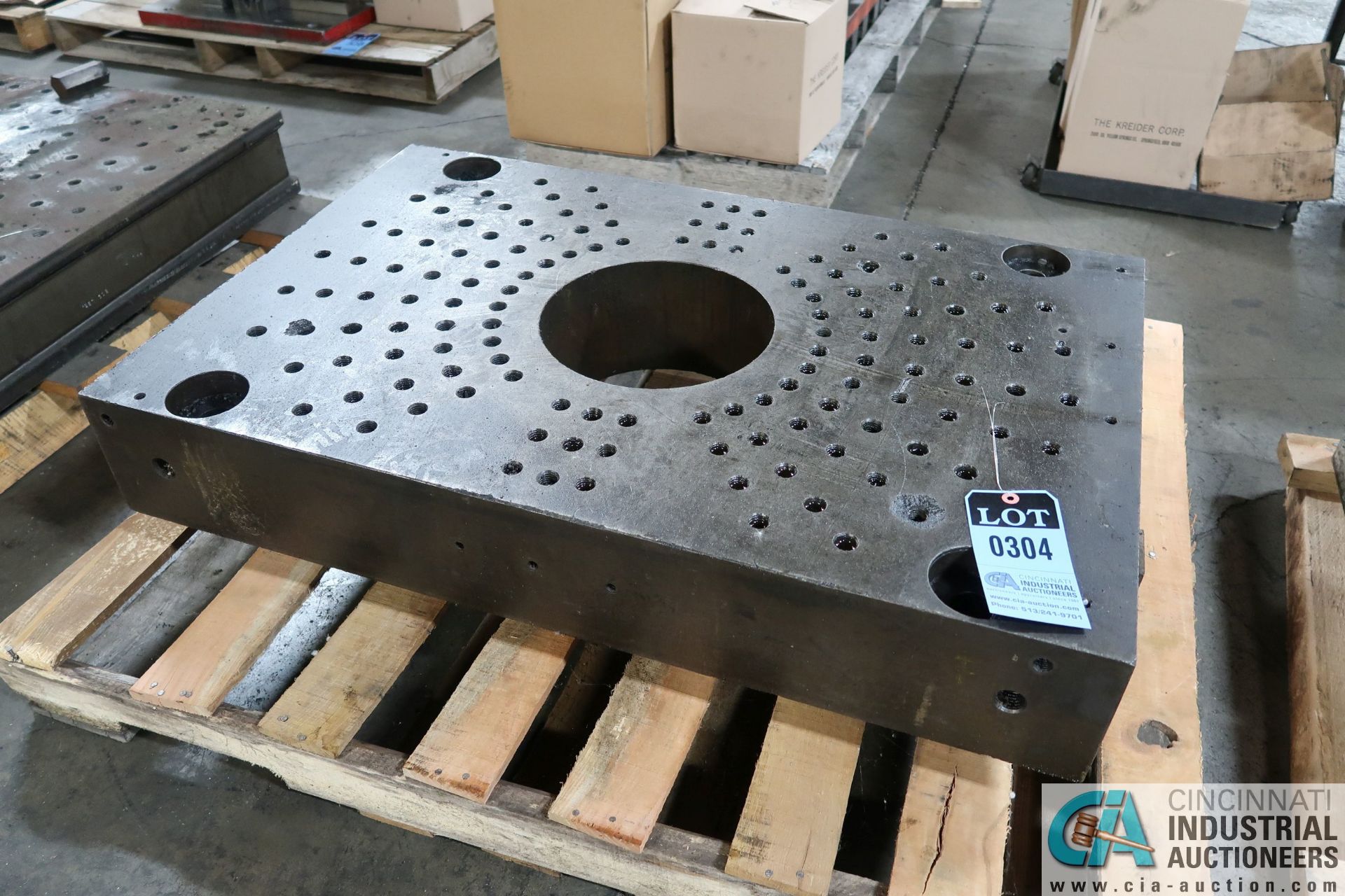 25-5/8" X 39-3/4" X 6-1/4" THICK DRILLED AND TAPPED PRESS BED, 10-1/4" DIAMETER CENTER HOLE