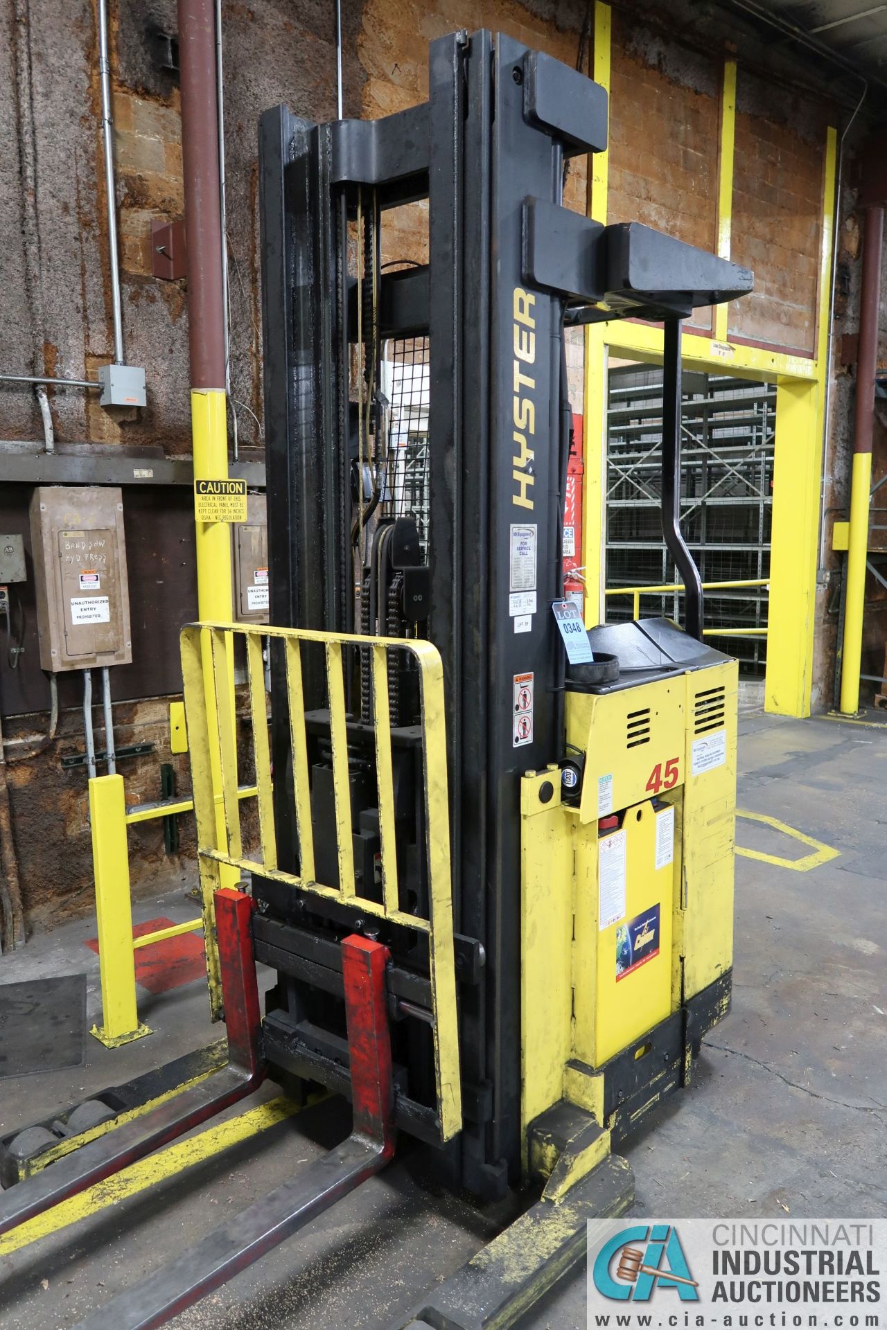 4,500 LB. CAPACITY HYSTER MODEL N45XMR3 STAND-UP 36 VOLT ELECTRIC NARROW, NO BATTERY CHARGER