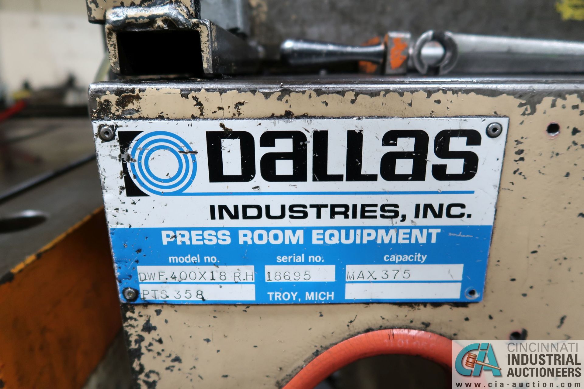 DALLAS MODEL DWF400X18RH AIR FEED; S/N 18695, .375 MAX CAPACITY - Image 5 of 11