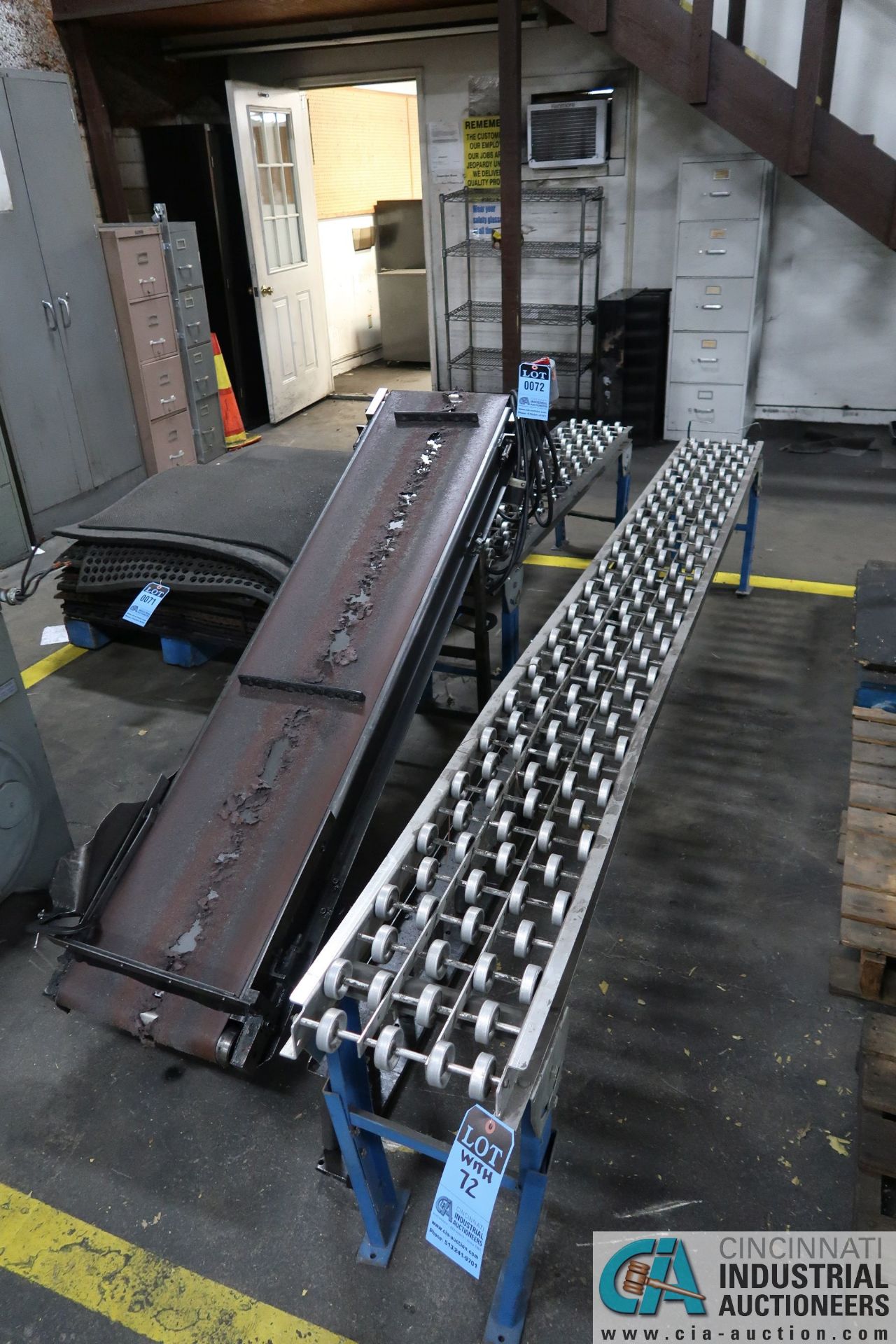 14" WIDE X 72" LONG CLEATED BELT INCLINE POWER CONVEYOR WITH 10" WIDE X 120" X 64" LONG GRAVITY FEED