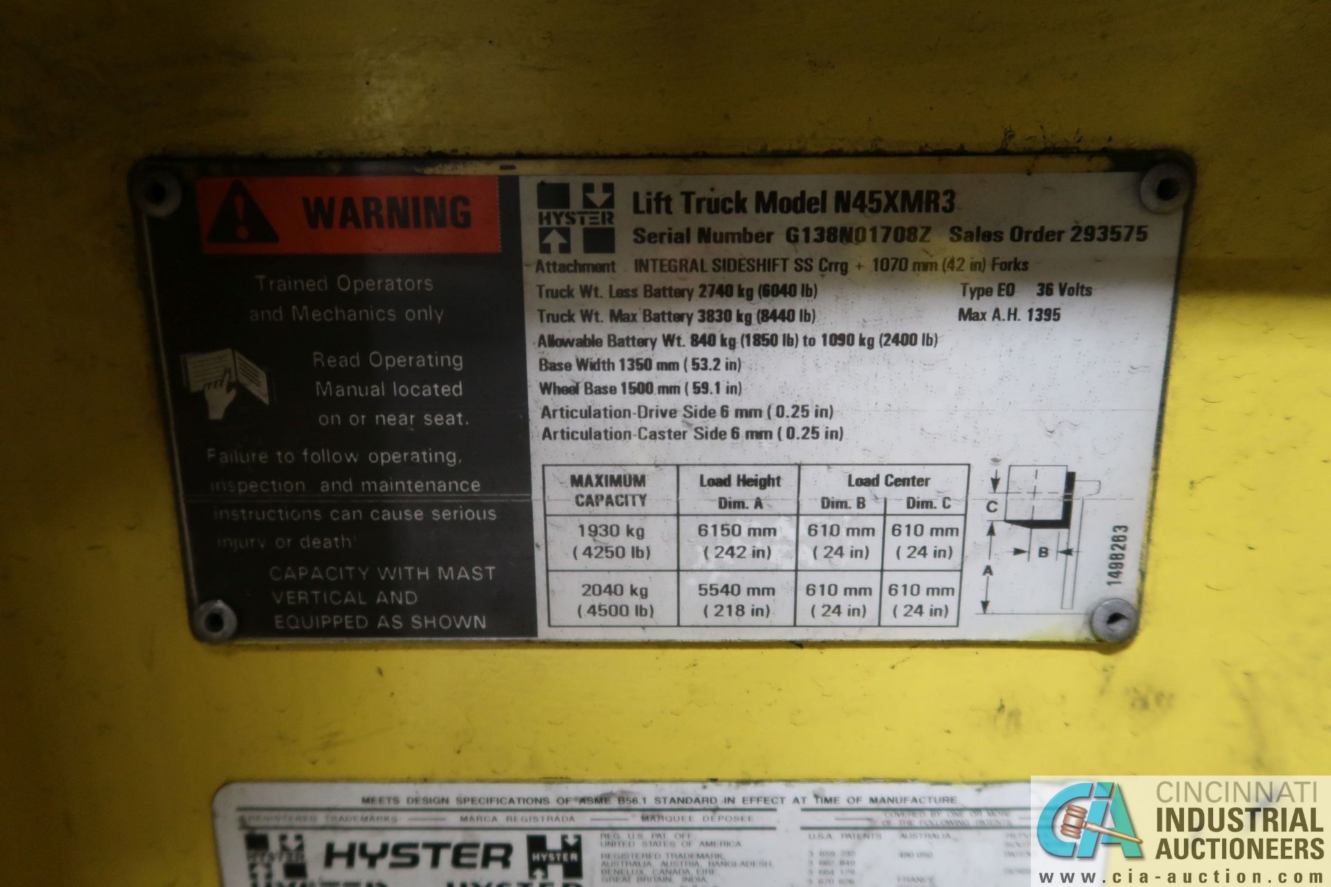 4,500 LB. CAPACITY HYSTER MODEL N45XMR3 STAND-UP 36 VOLT ELECTRIC NARROW, NO BATTERY CHARGER - Image 5 of 8