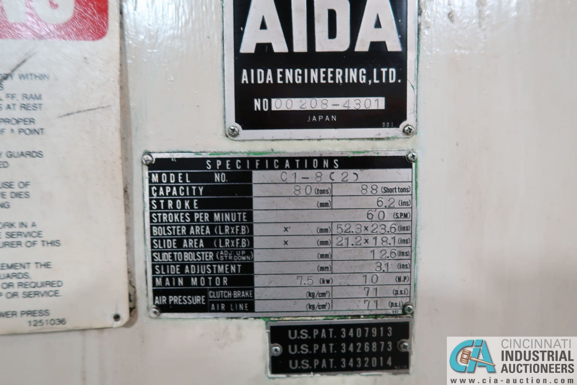 88 TON AIDA MODEL C1-8 (2) SINGLE CRANK GAP FRAME PRESS; S/N 00208-4301, 6.2" STROKE - Image 5 of 17