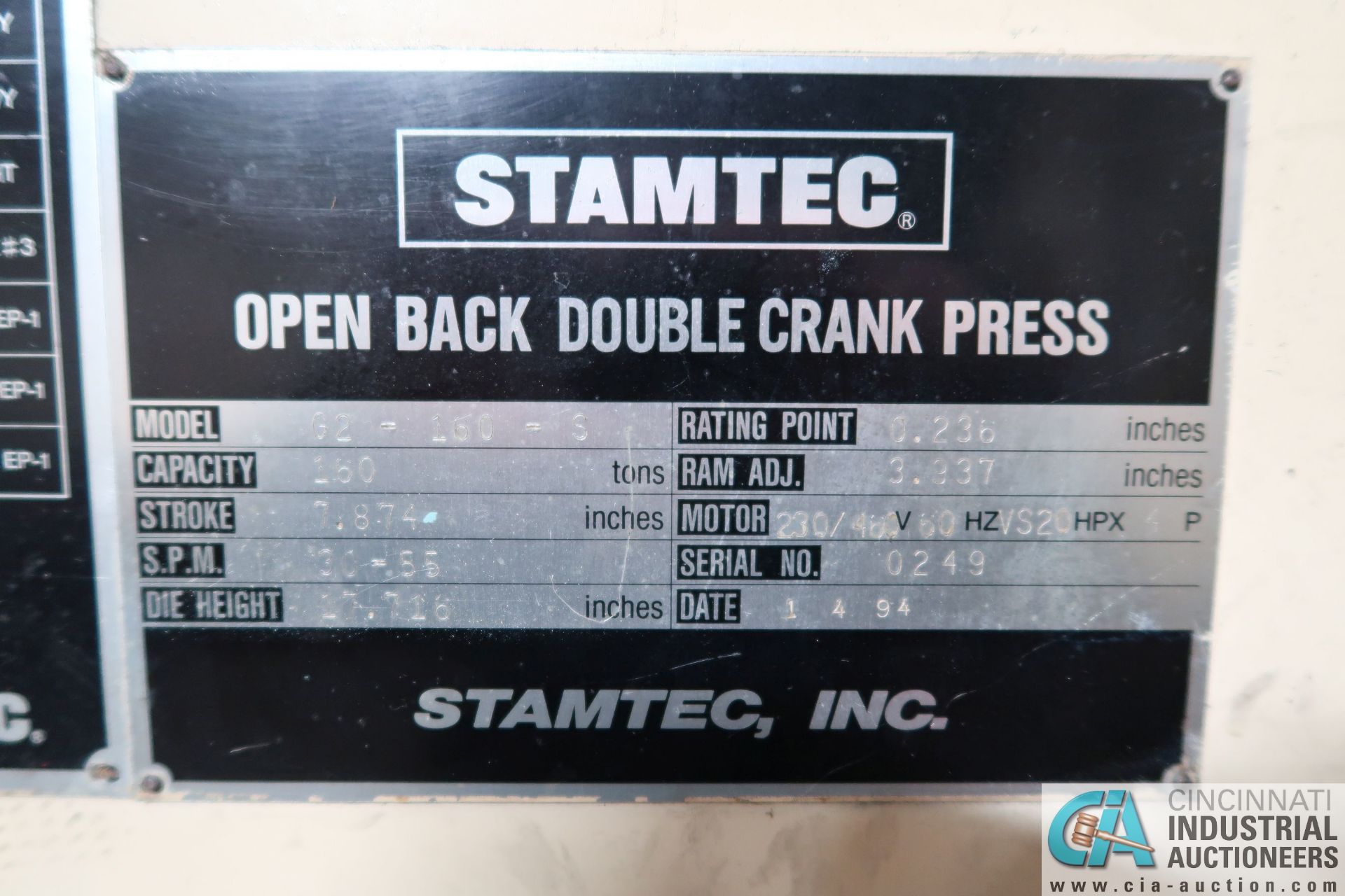 176 TON STAMTEC MODEL G2-160-S DOUBLE CRANK GAP FRAME PRESS; S/N 0249 - Image 4 of 20