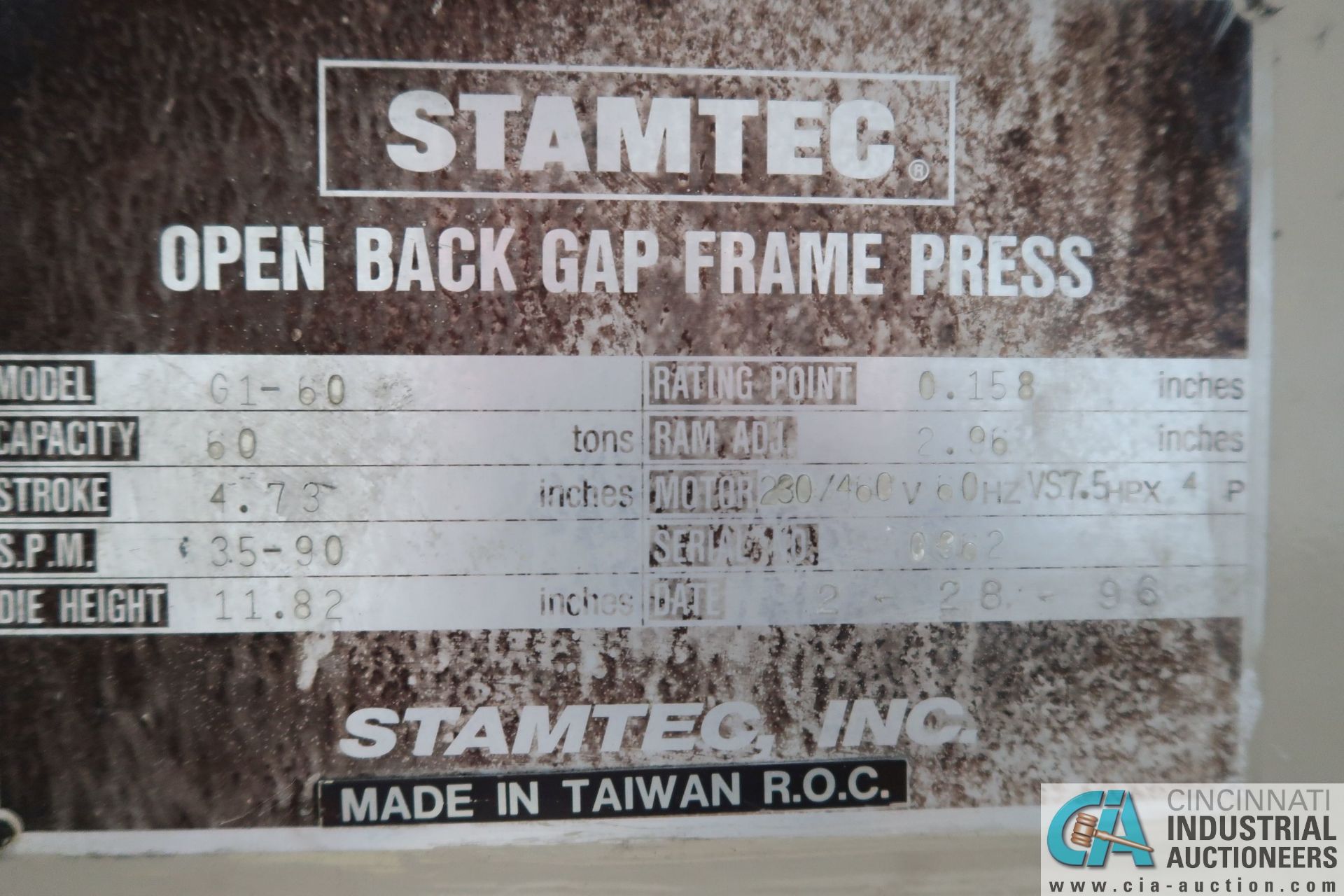 66 TON STAMTEC MODEL G1-60 SINGLE CRANK GAP FRAME PRESS; S/N 0362, 4.73" STROKE - Image 5 of 18