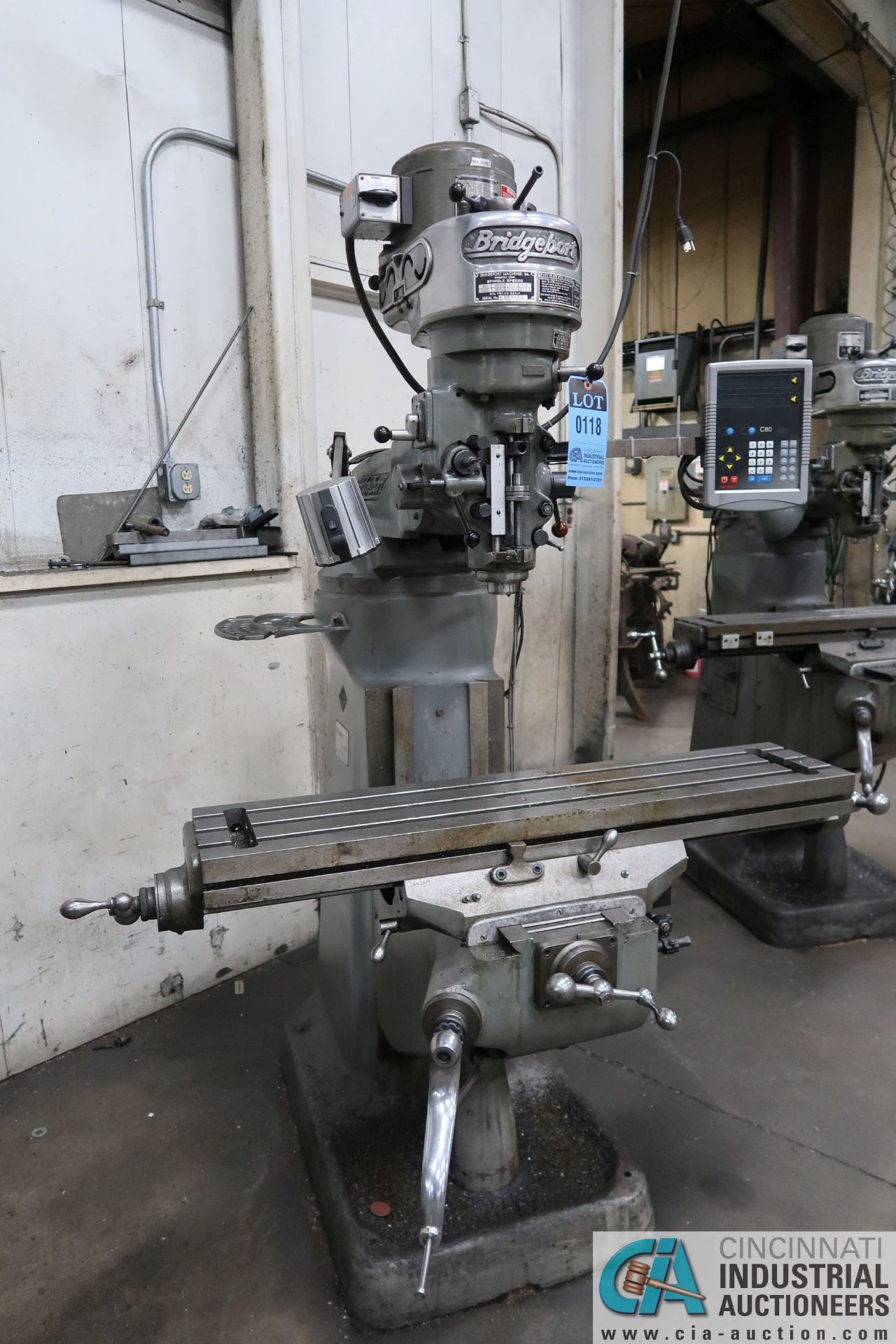 1 HP BRIDGEPORT 8-SPEED VERTICAL MILLING MACHINE; S/N 162204, 80-2,720 SPINDLE RPMS, 9" X 42" TABLE,