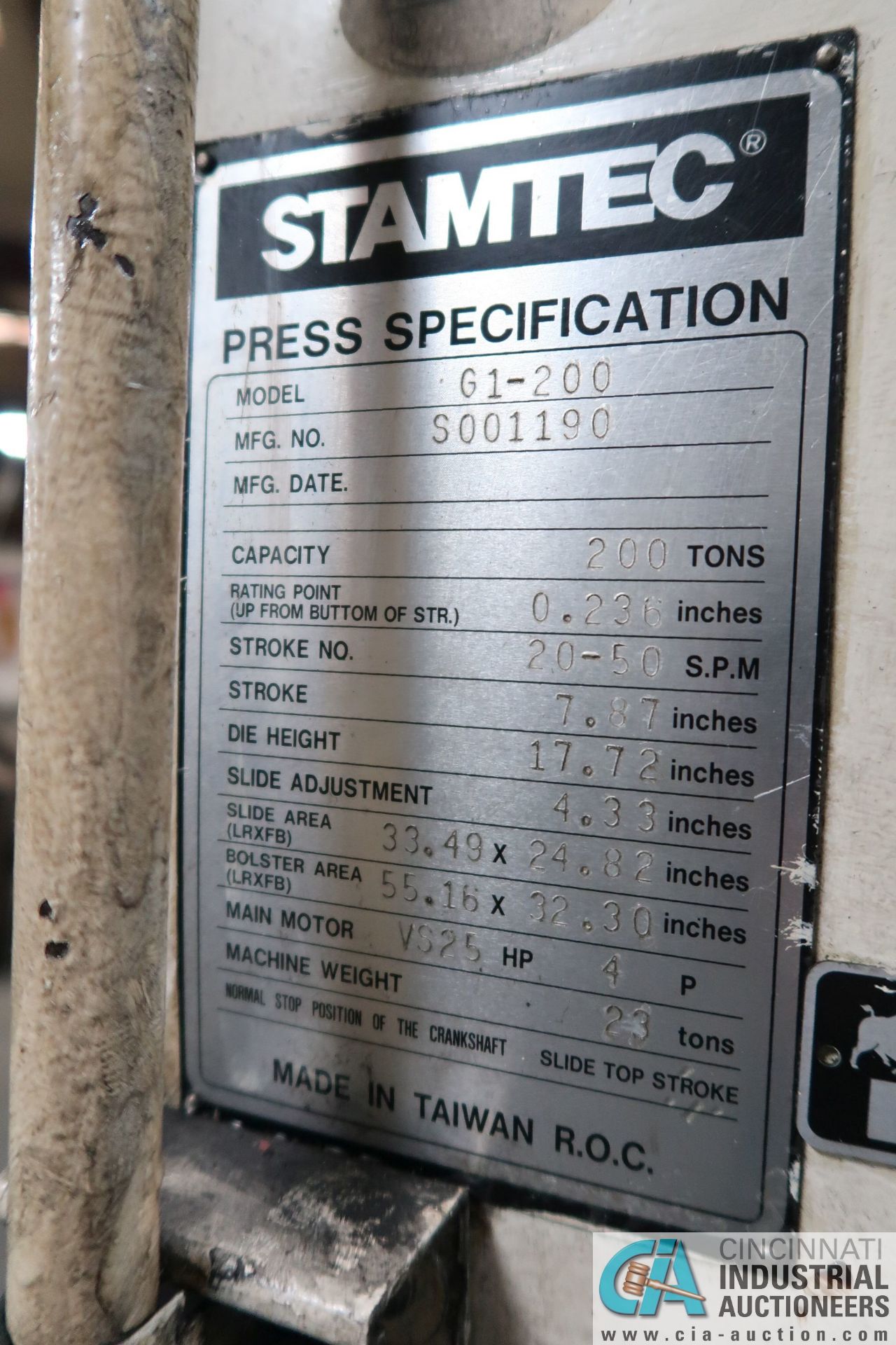 220 TON STAMTEC MODEL G1-200 SINGLE CRANK GAP FRAME PRESS; S/N S001190 - Image 11 of 18