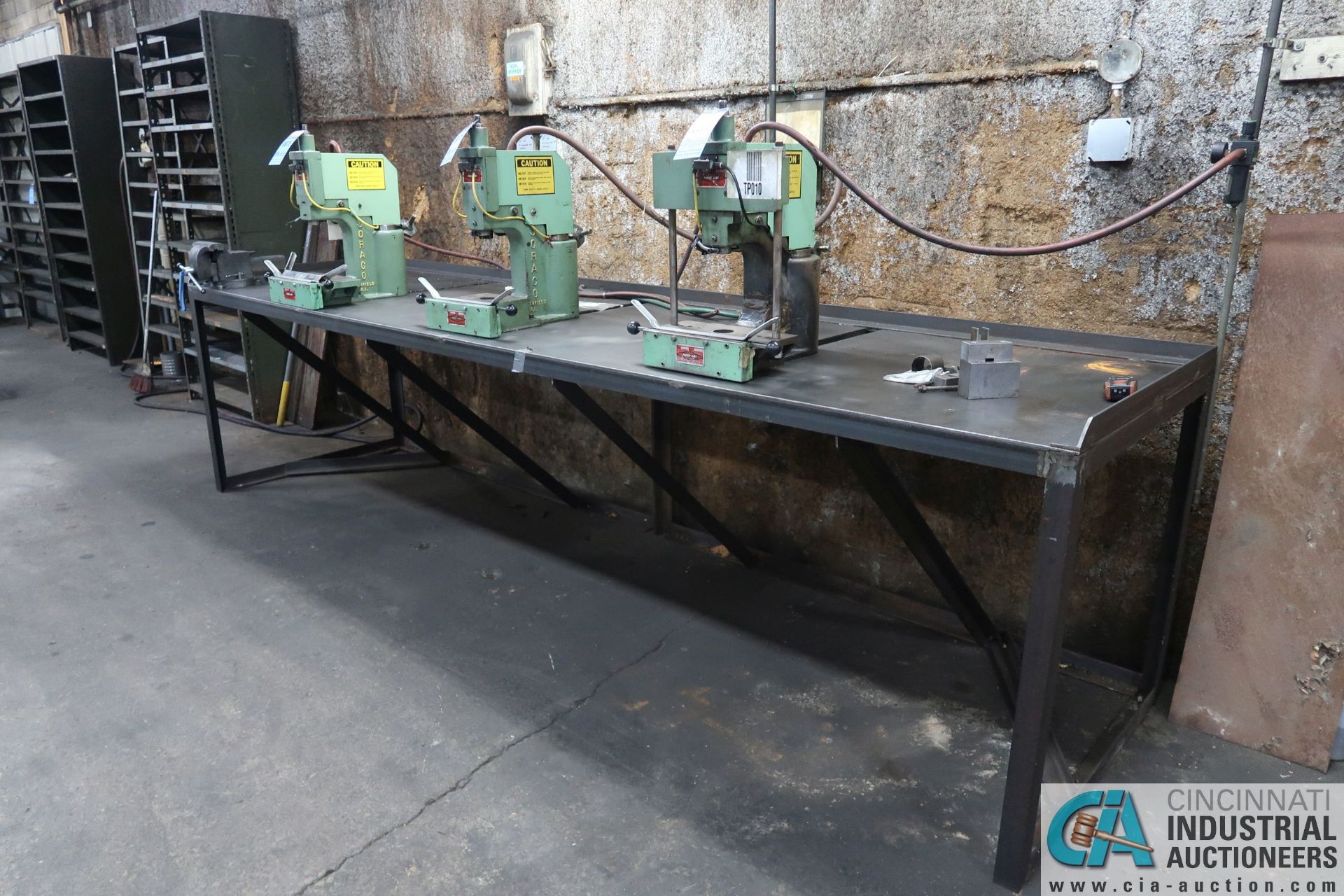 **38" X 144" X 36" HIGH HEAVY DUTY WELDED STEEL PRESS TABLE, WITH 6" VISE **DELAYED REMOVAL - PICKUP