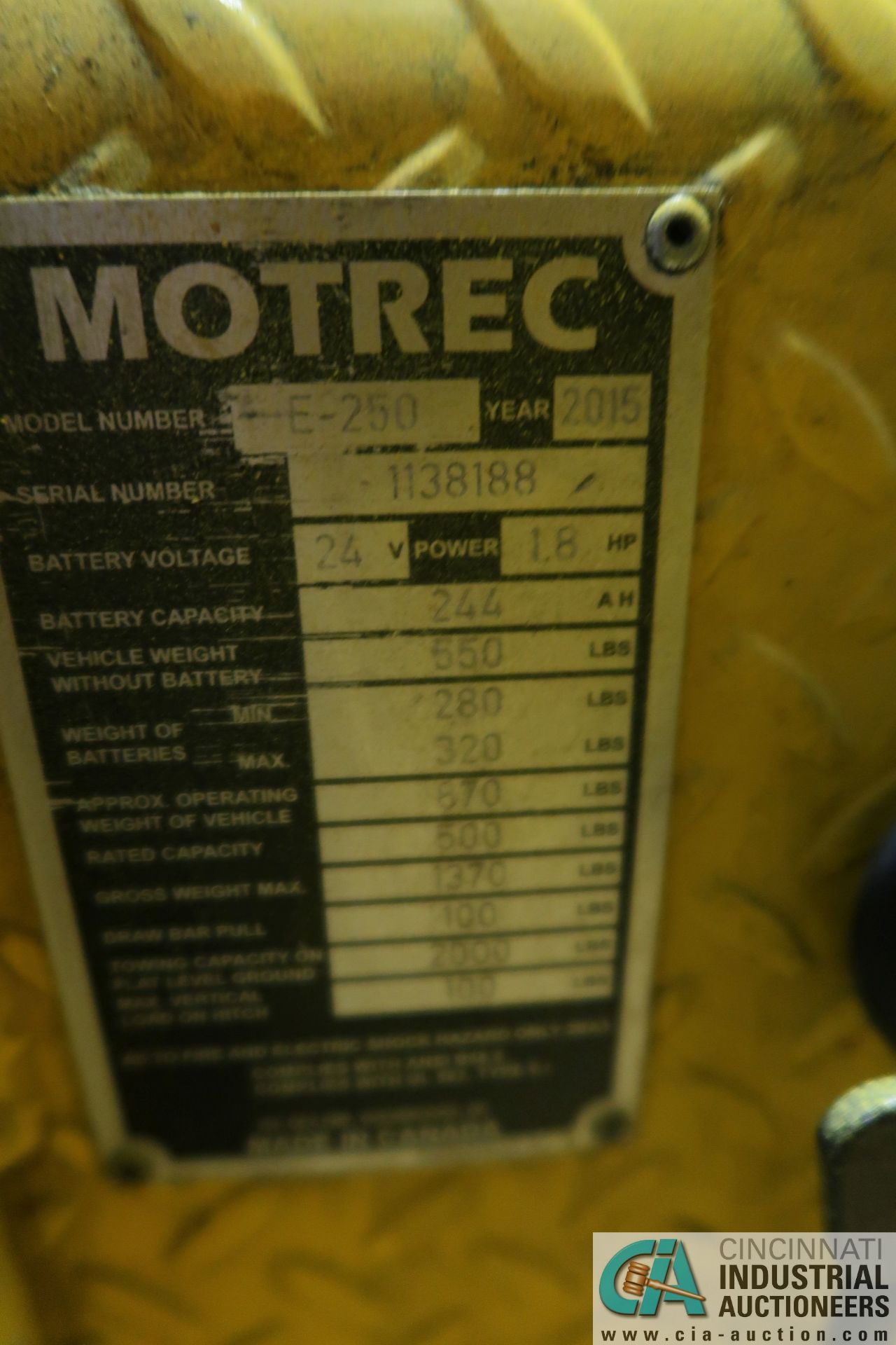MOTREC MODEL EG250 ELECTRIC MAINTENANCE CART; S/N 1138188, BUILT IN CHARGER, 2,000 HOURS - Image 7 of 7