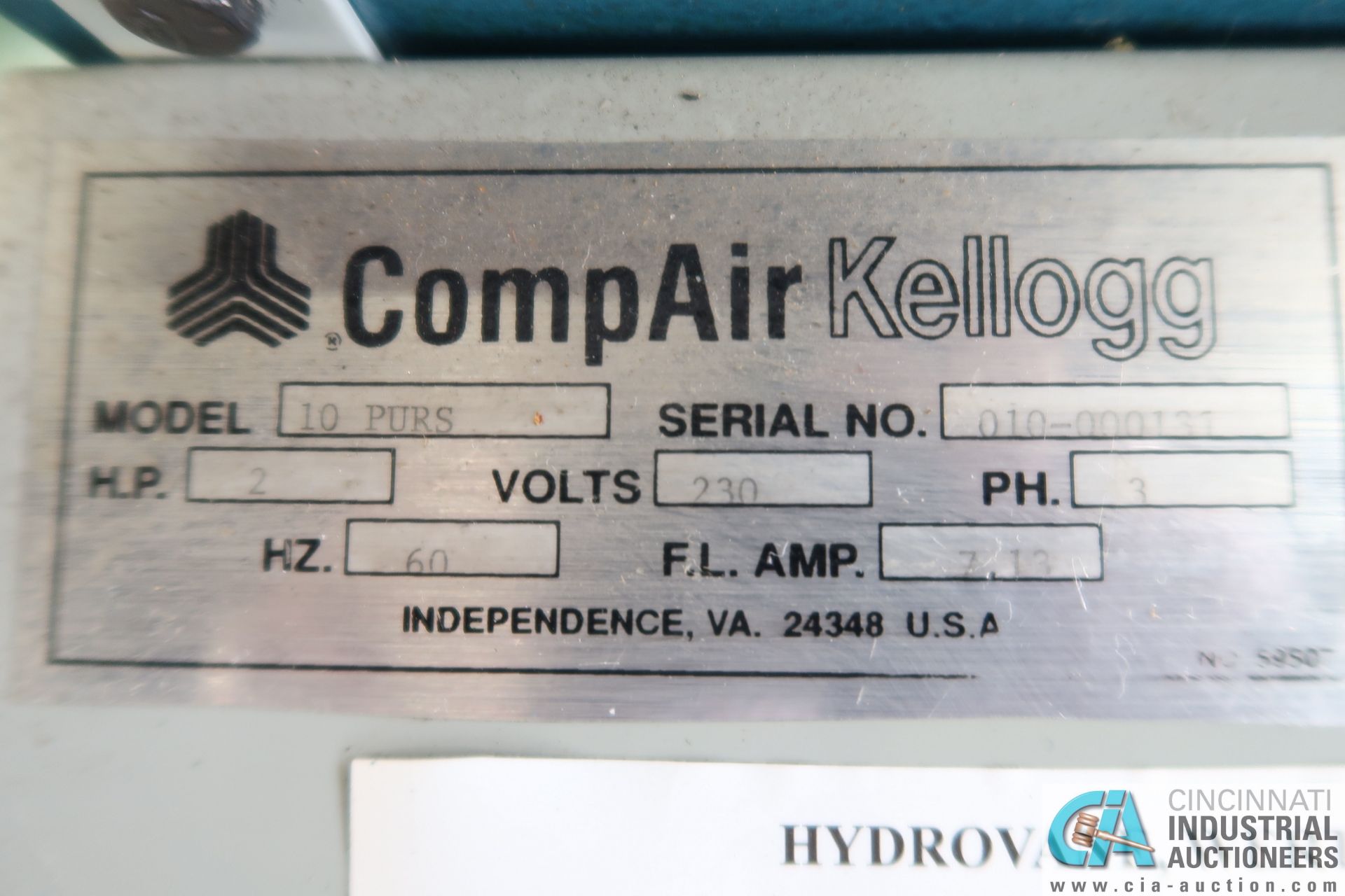 2-HP COMPAIR-KELLOGG MODEL 10PURS HYDROVANE HORIZONTAL TANK AIR COMPRESSOR; S/N 010-000131, 230- - Image 3 of 4