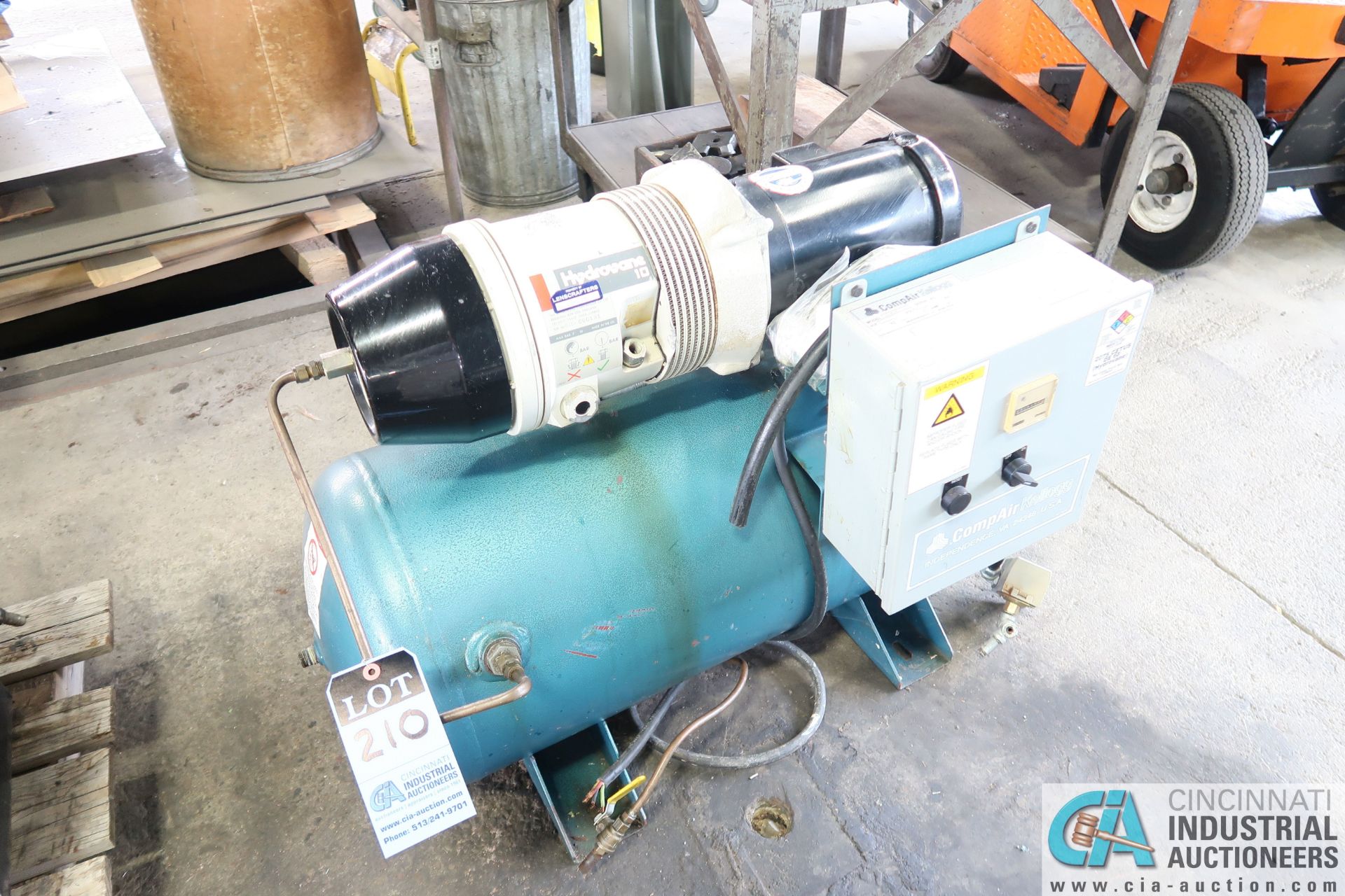 2-HP COMPAIR-KELLOGG MODEL 10PURS HYDROVANE HORIZONTAL TANK AIR COMPRESSOR; S/N 010-000131, 230-