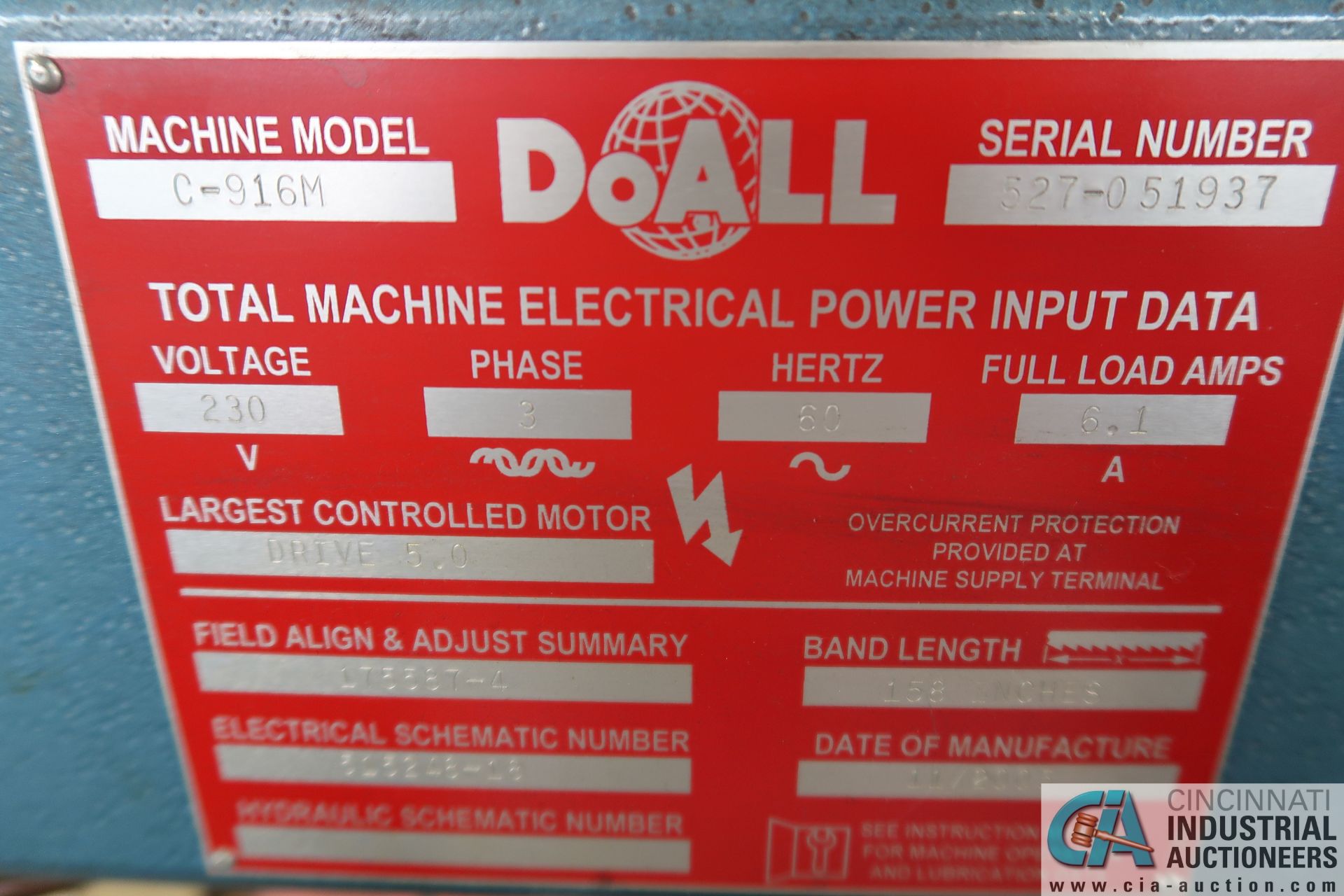 DOALL MODEL C-916M HORIZONTAL METAL CUTTING BAND SAW; S/N 527-051937, 158" BAND LENGTH, 230-VOLTS, - Image 9 of 9