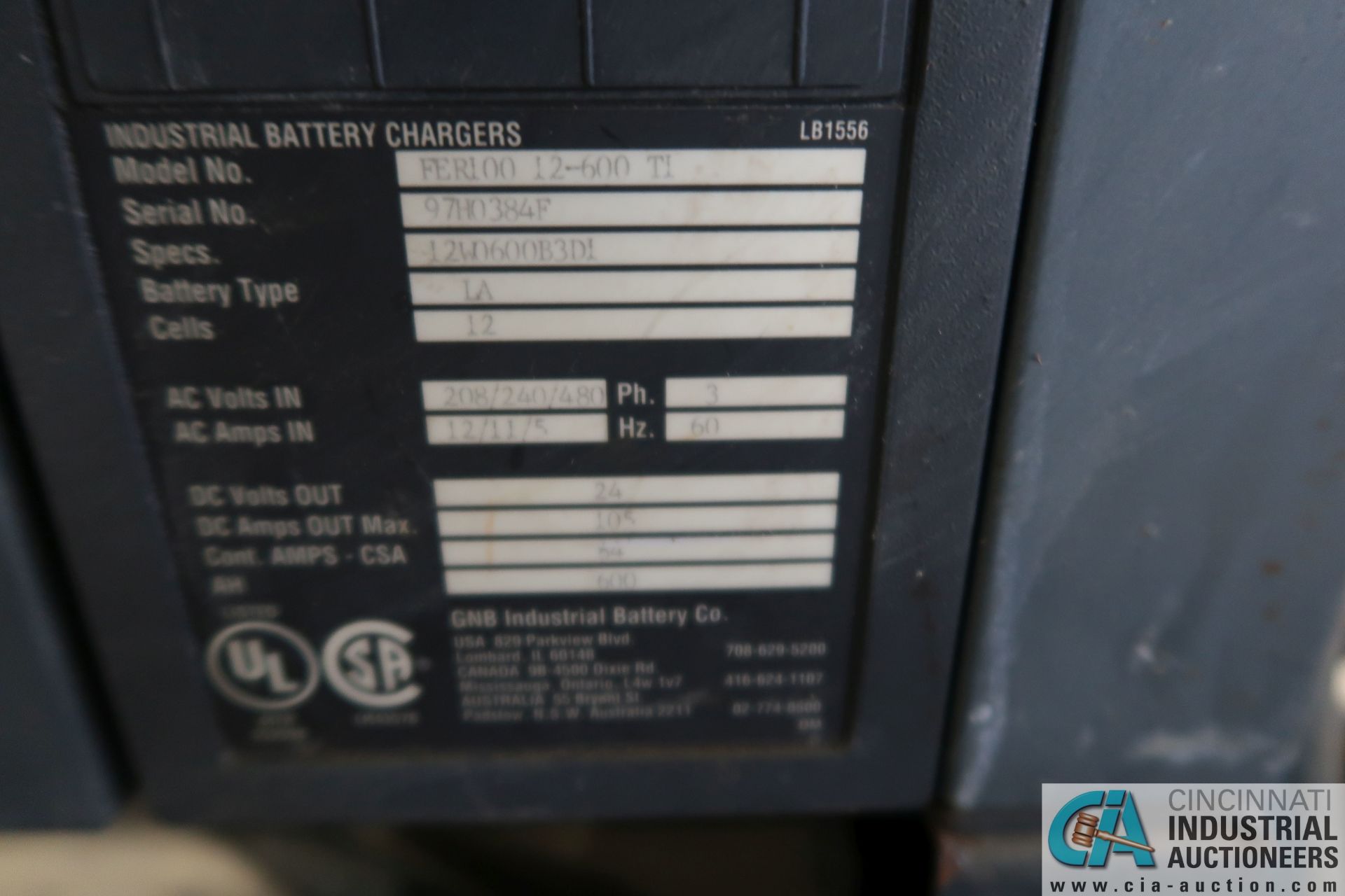 24-VOLTS GNB MODEL FER100-12-600TI FORKLIFT BATTERY CHARGER; S/N 97H0384F, 208/240/480 VOLTS, 3- - Image 3 of 3