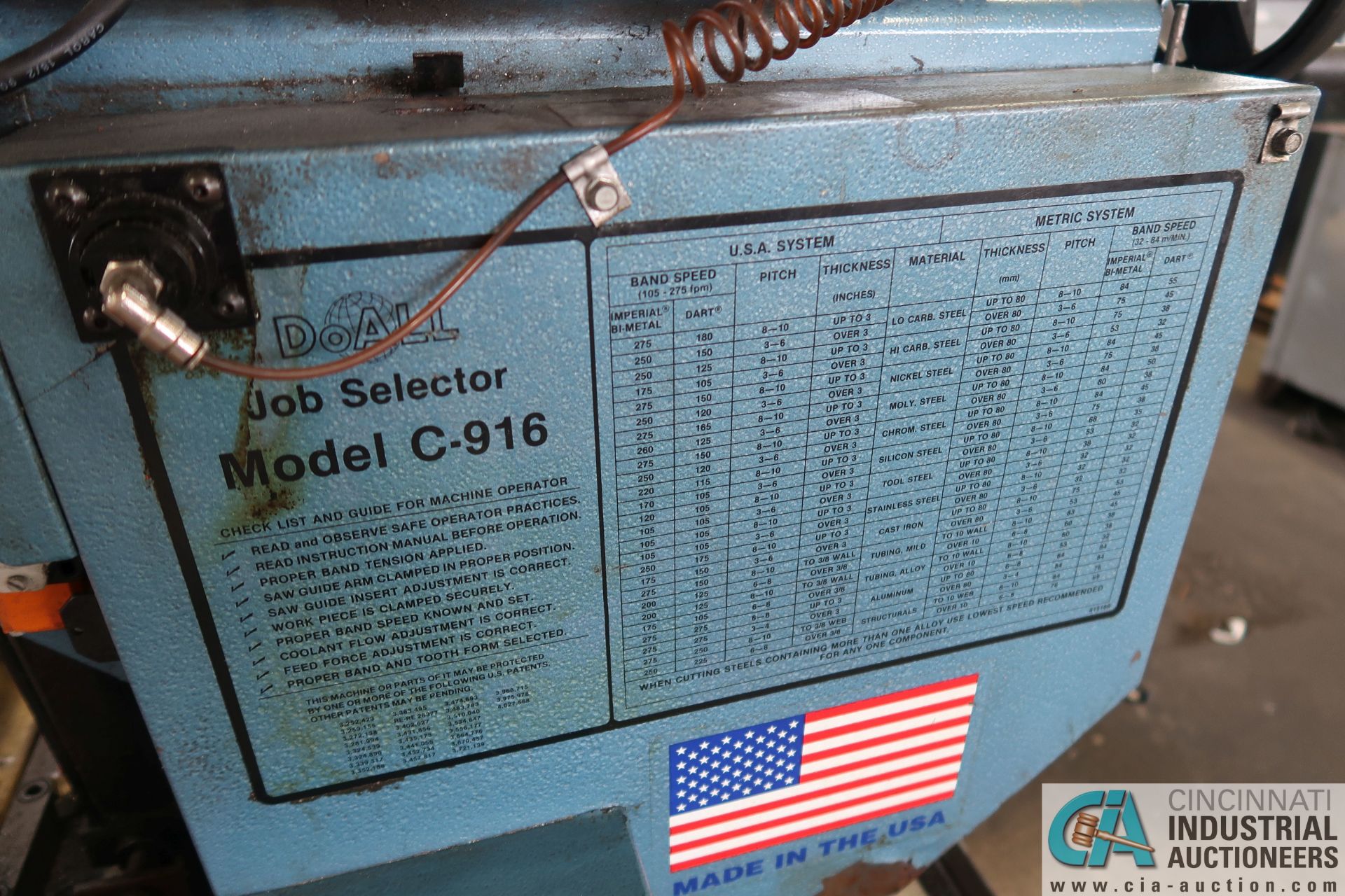 DOALL MODEL C-916M HORIZONTAL METAL CUTTING BAND SAW; S/N 527-051937, 158" BAND LENGTH, 230-VOLTS, - Image 8 of 9