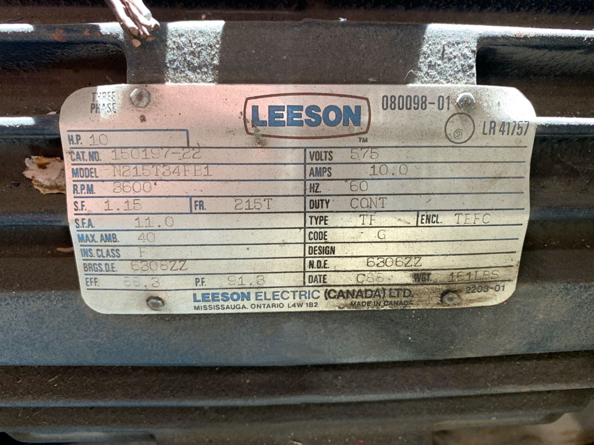 LEESON 10 HP MOTOR, 575 VOLTS - Image 2 of 2