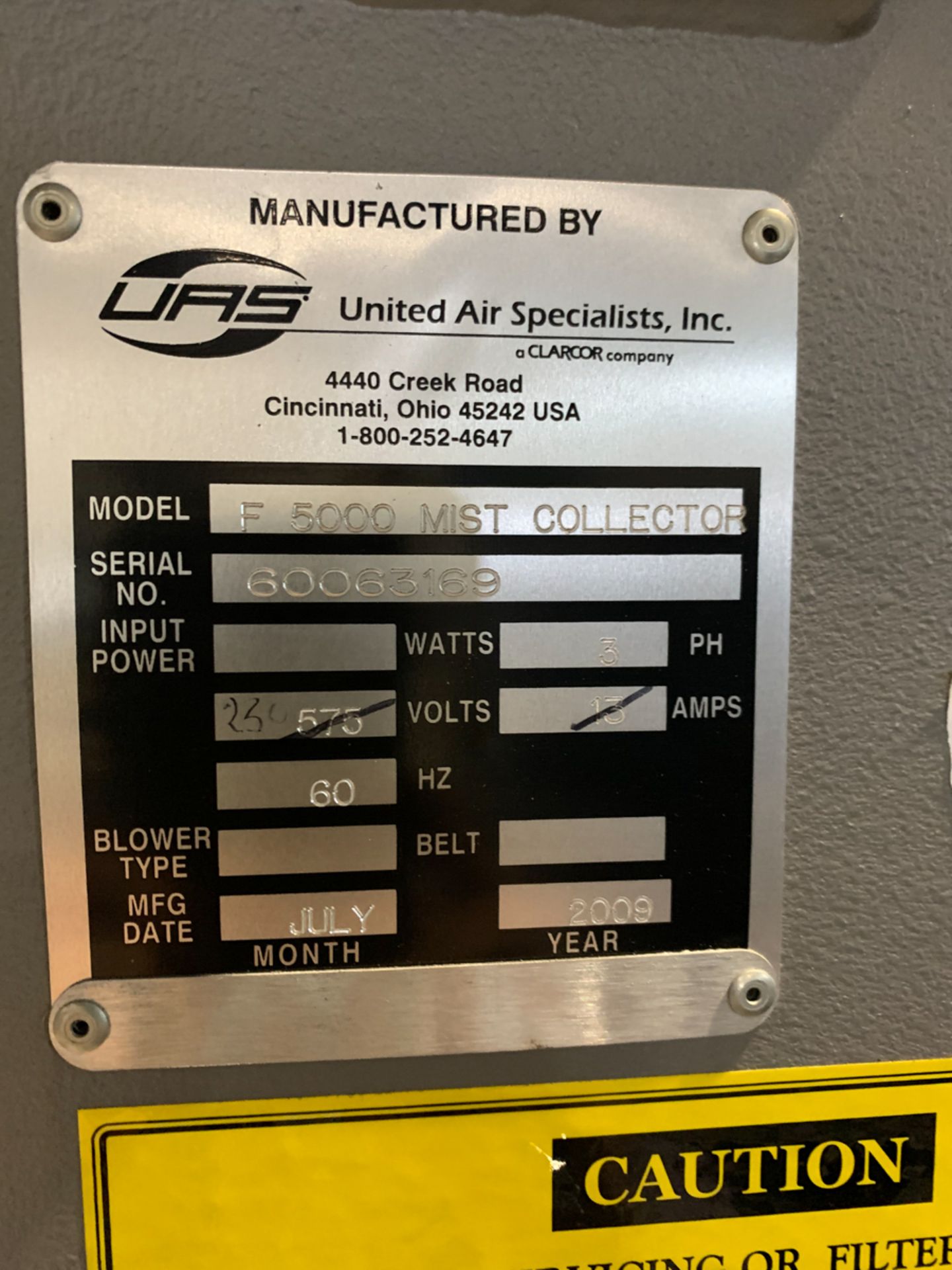 UAS (UNITED AIR SPECIALISTS) MIST COLLECTOR MOD. F5000, S/N: 60063169, 230V (2009) - Bild 3 aus 4